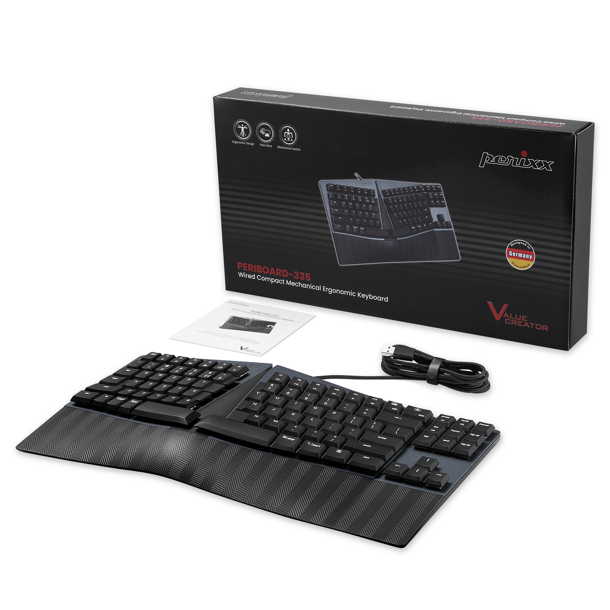 Perixx PERIBOARD-335 DE BL, ergonomische mechanische Tastatur (blaue Schalter)