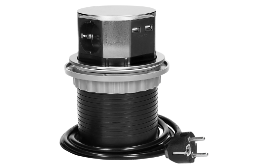 Tisch-Einbausteckdose Ø10cm, 3fach, 2 USB 2,4 A, Edelstahl, versenkbar