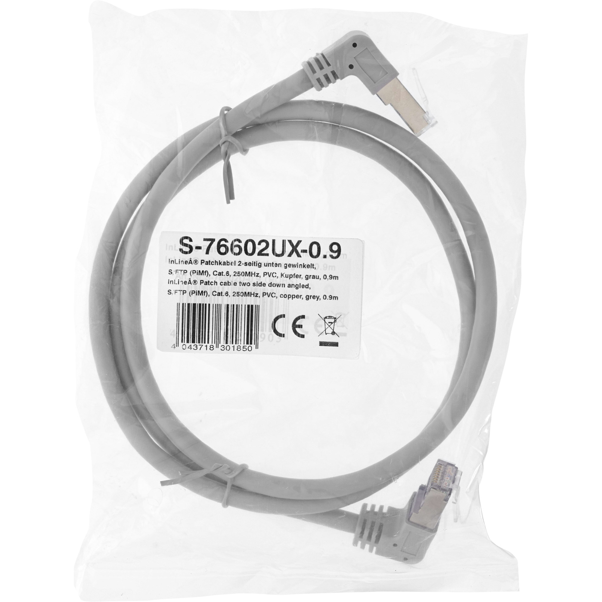Inline® Patchkabel 2-seitig unten gewinkelt - S/FTP- Cat.6 - 250Mhz PVC, 0,90m