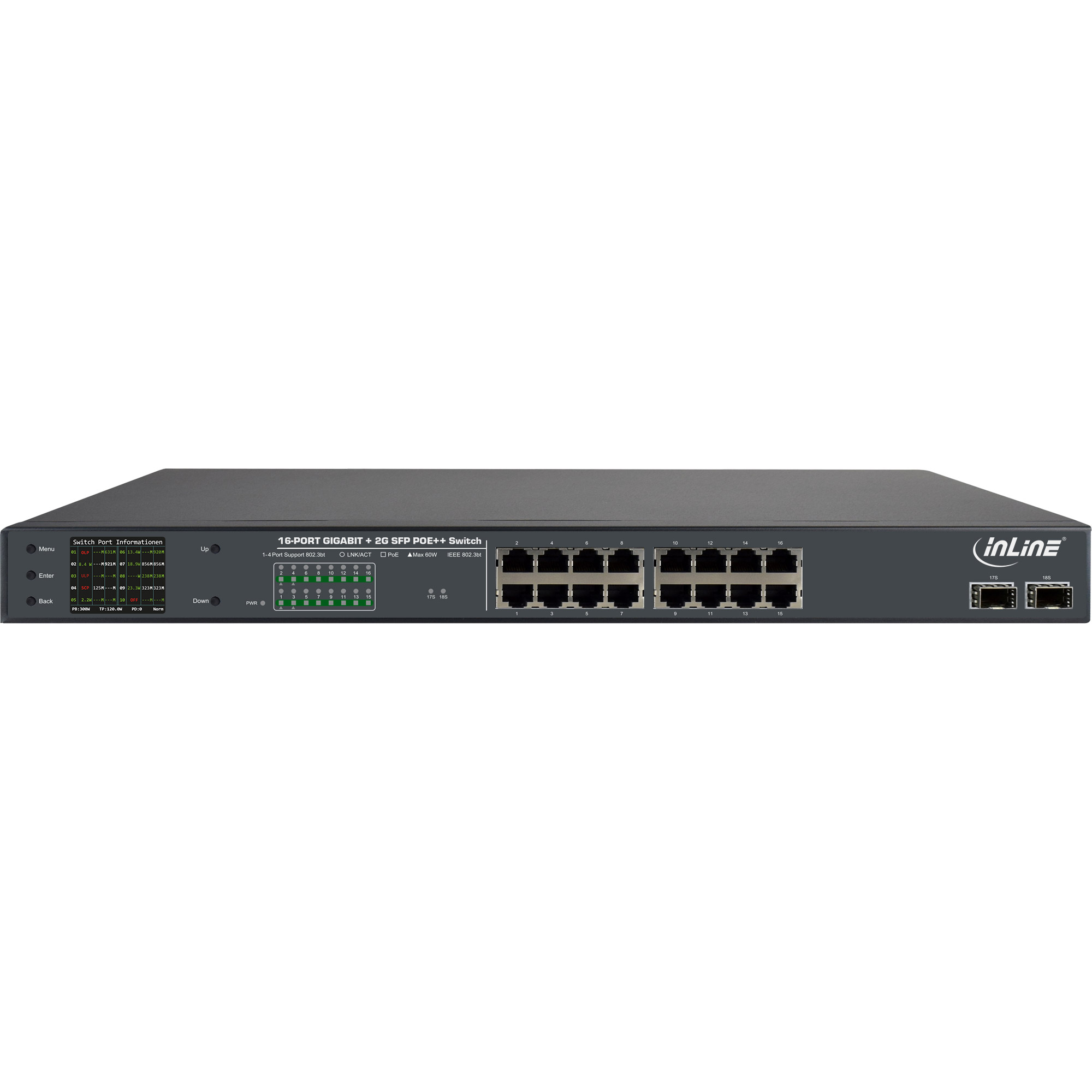 Inline® PoE++ Gigabit Netzwerk Switch 16 Port, 1Gb/s, 2xSFP,19"1HE(inkl. Winkel)
