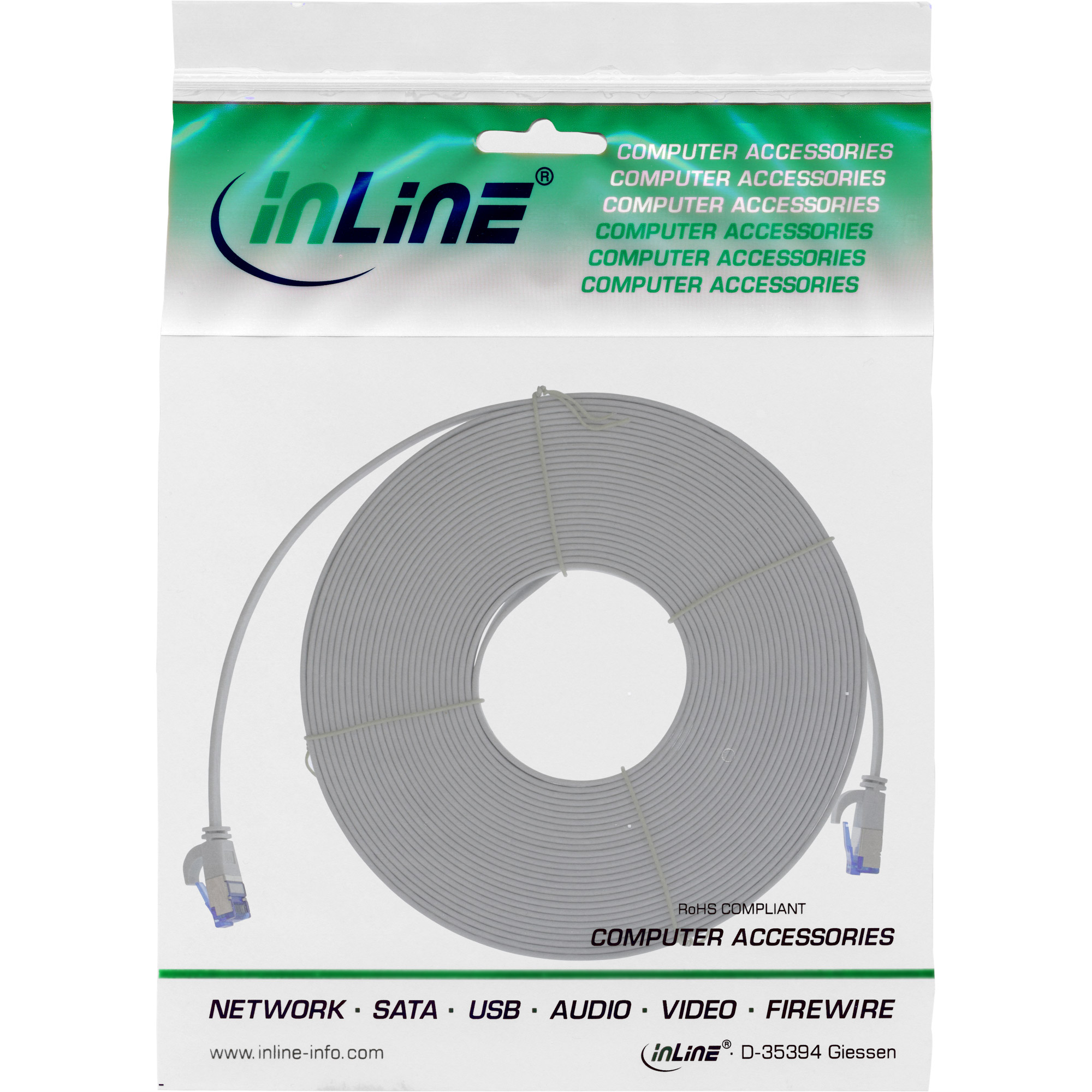 Inline® Patchkabel flach, U/FTP, Cat.6A, TPE halogenfrei, grau, 10m
