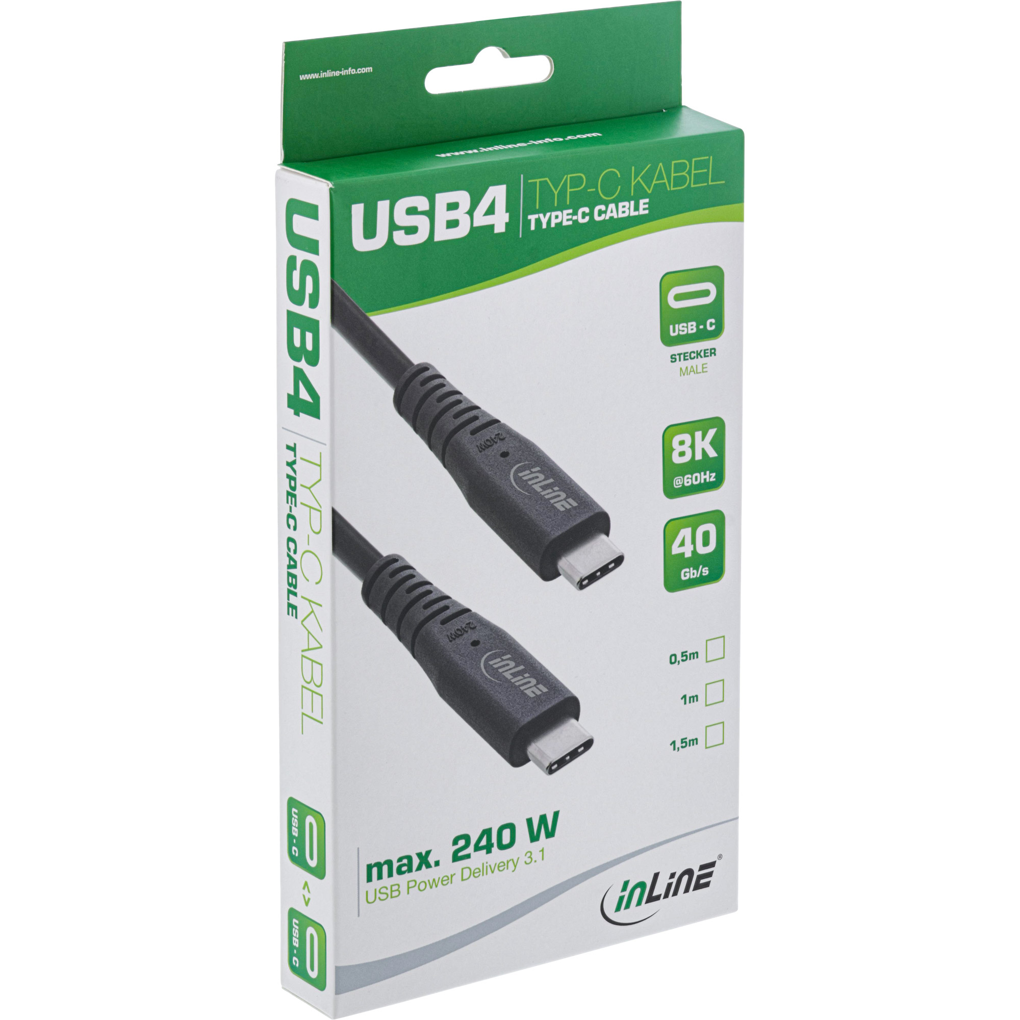 Inline® USB4 Kabel, USB-C ST/ST, PD 240W, 8K60Hz, TPE schwarz, 1,5m