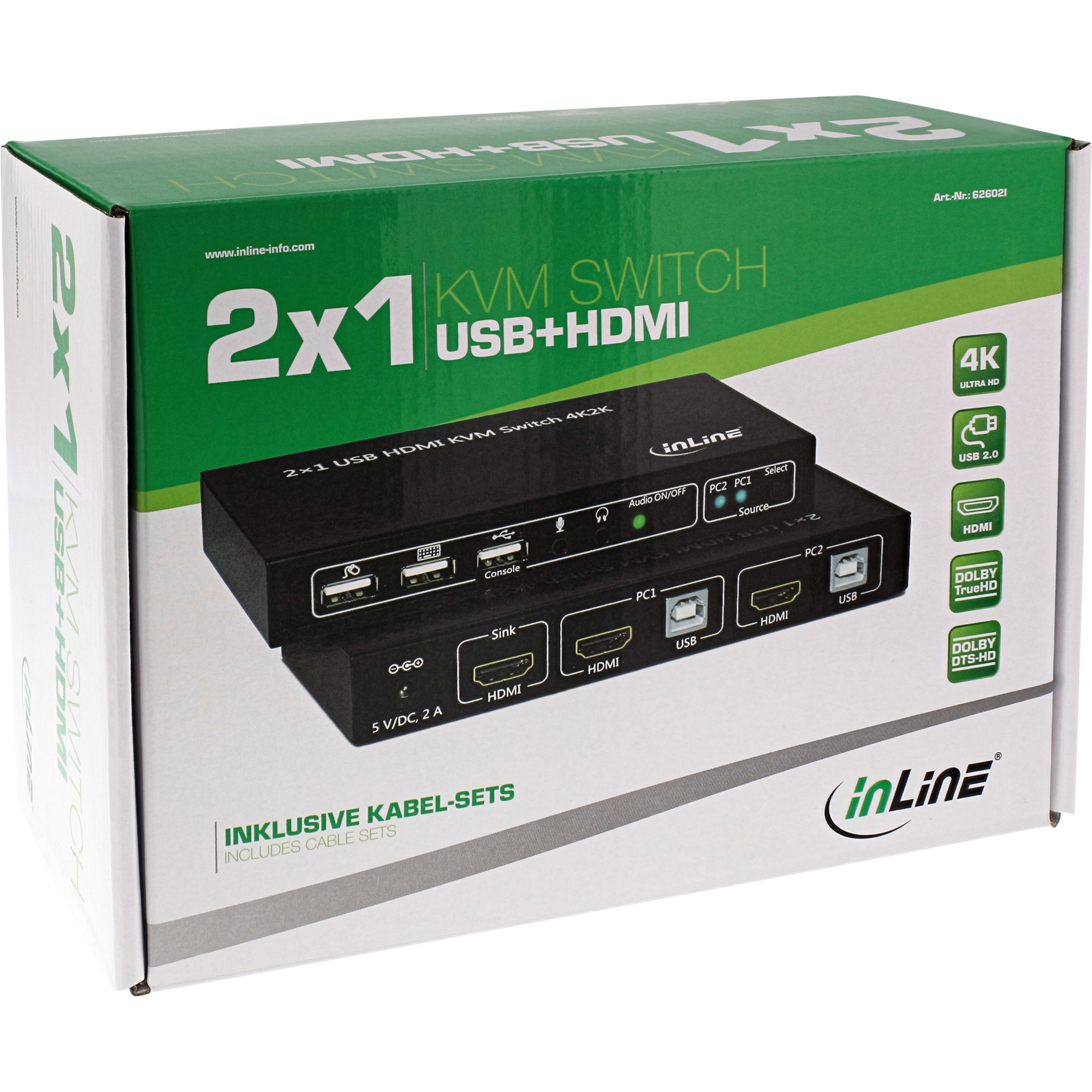 Inline® KVM Desktop Switch, 2-fach, HDMI 4K2K, USB 2.0 Hub, mit Audio