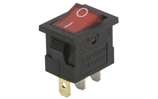 Mini-Wippenschalter McPower, 3-polig, rote Wippe, 250V/6,5A, Stellungen: EIN/AUS