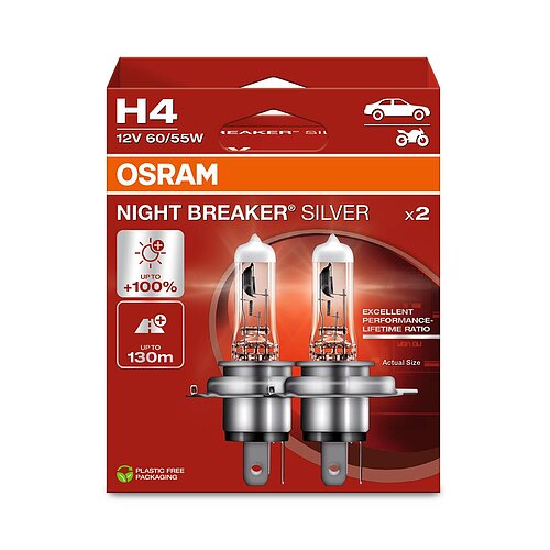 OSRAM H4 12V 60/55W P43t NIGHT BREAKER® SILVER +100% 2er Box