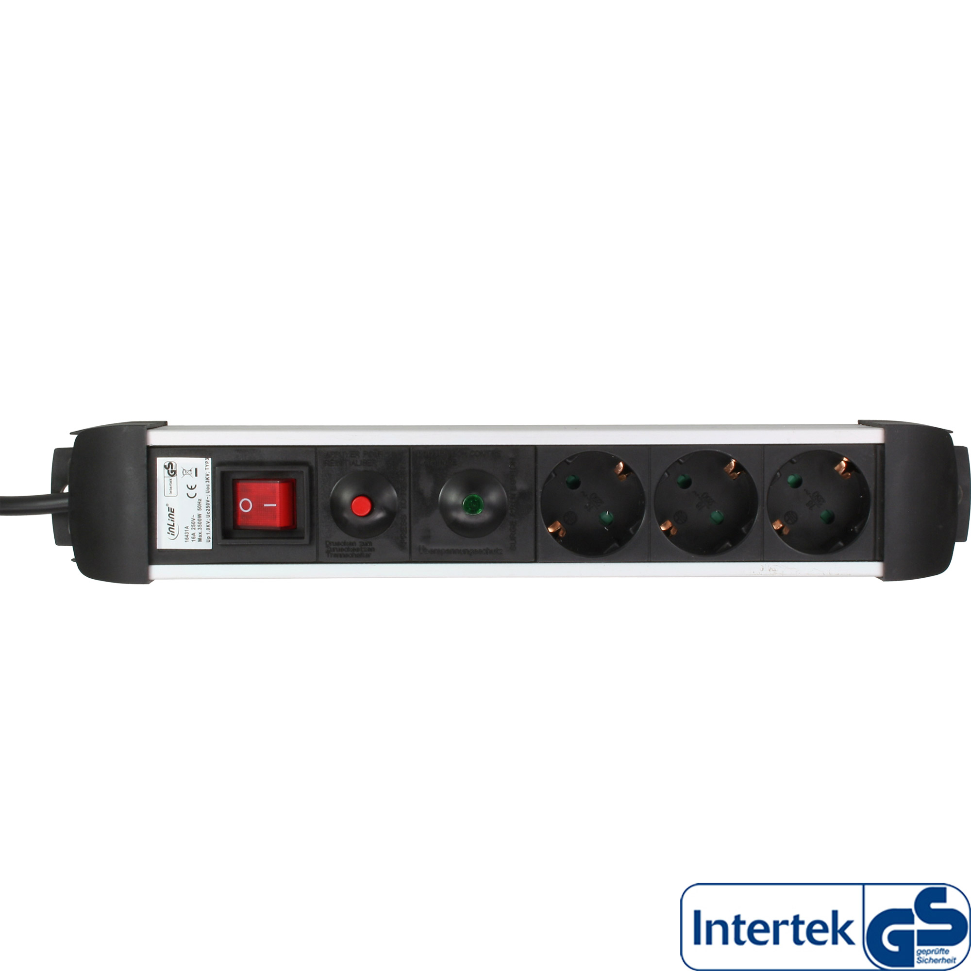 Inline® Steckdosenleiste Alu, 3-fach Schutzkontakt, mit Ü-Schutz, Schalter, 1,5m