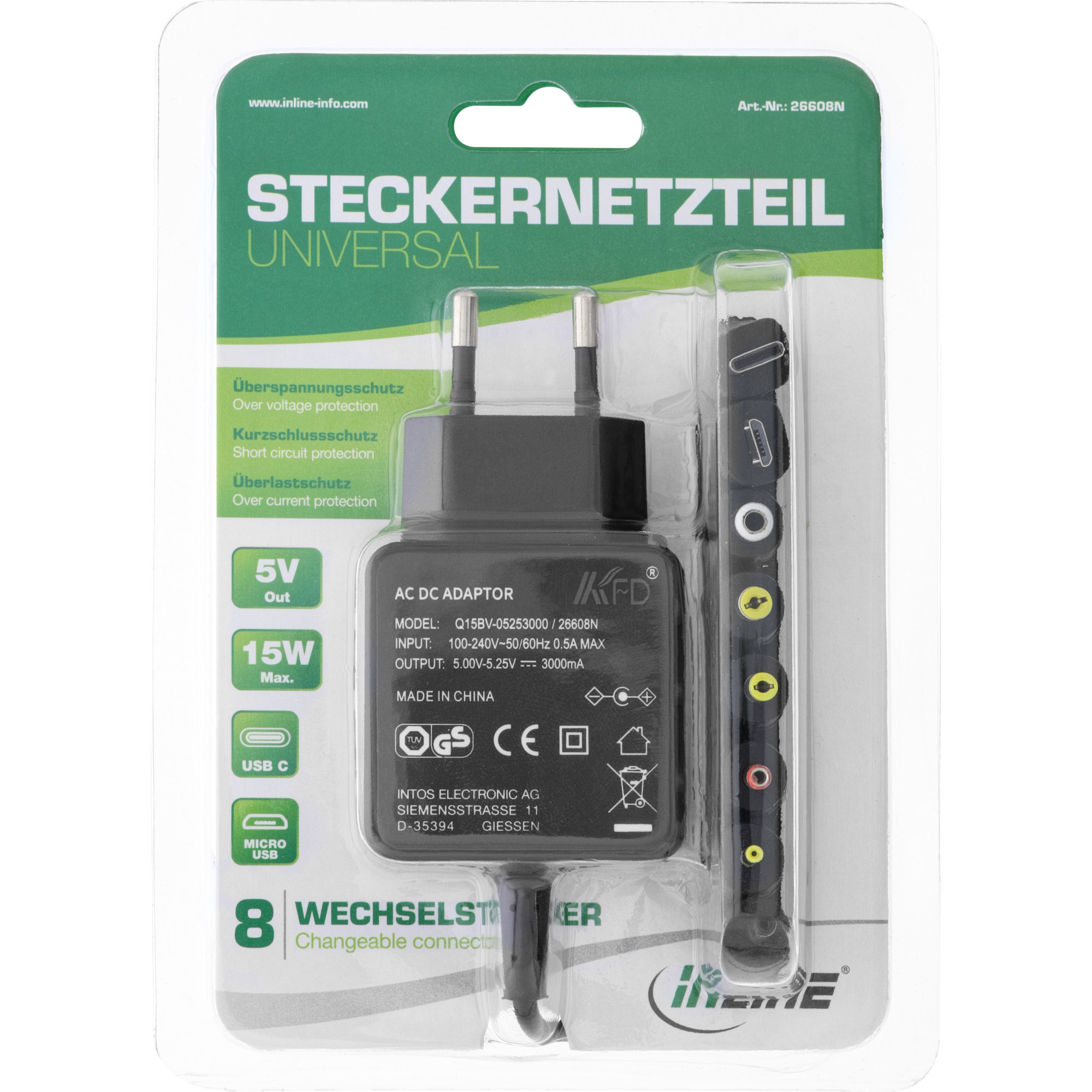 Inline® Universal Steckernetzteil, 5V/15W, mit 8 Wechselsteckern Micro-USB USB-C