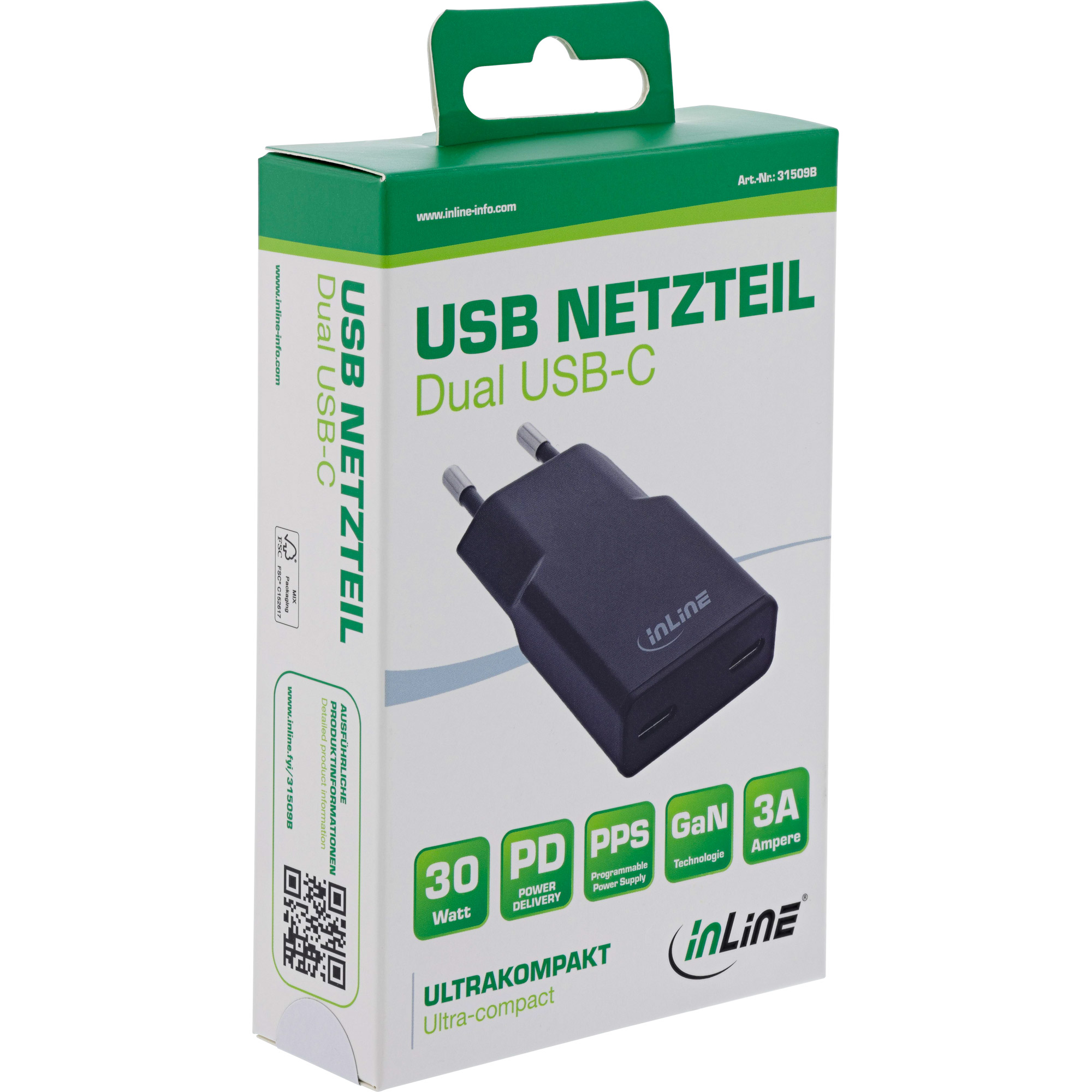 InLine® USB Netzteil Ladegerät Dual USB-C, PD, PPS, 30W, schwarz