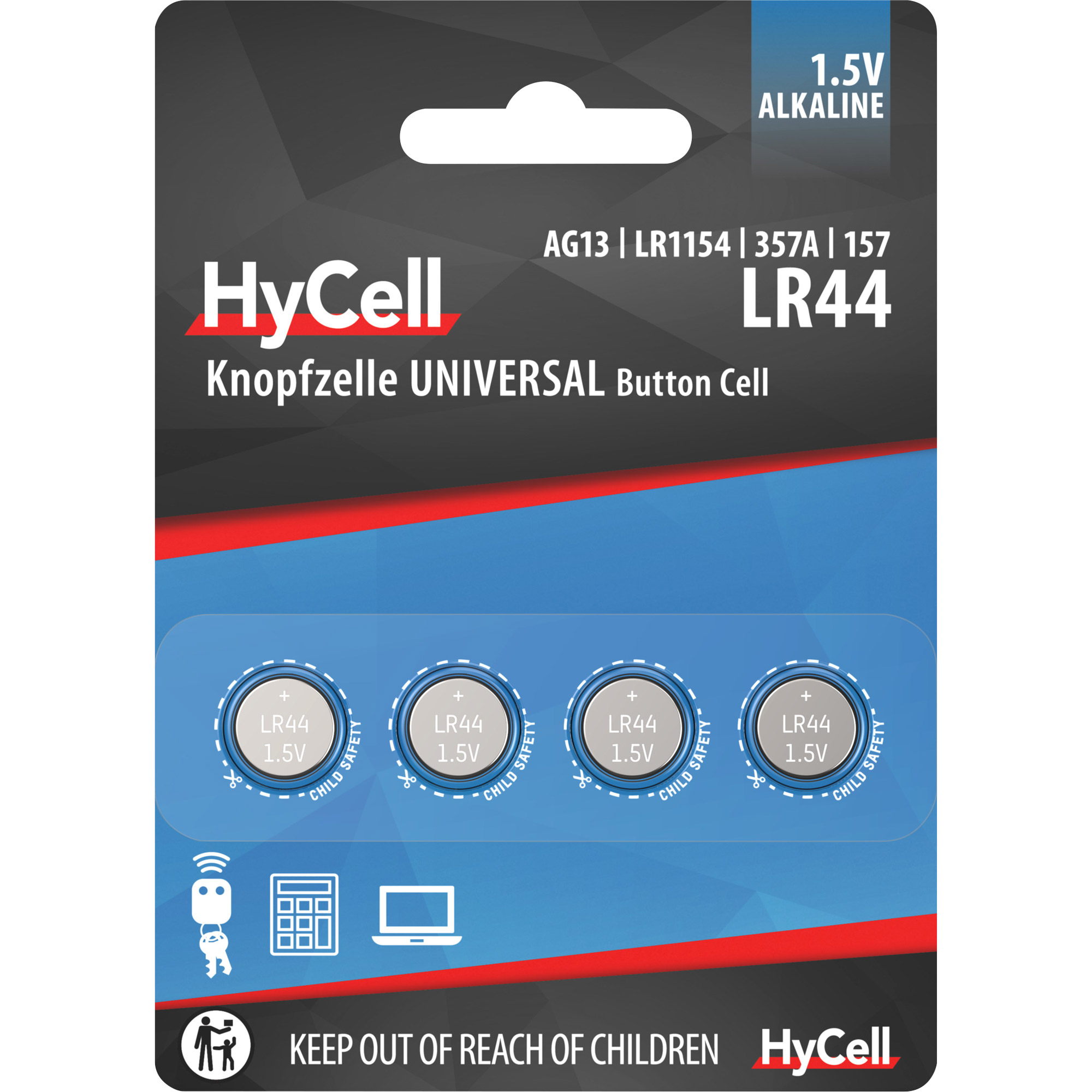 Hycell V13GA LR44 LR1154 357 1.5V Alkaline Knopfzelle - 4er Verpackung