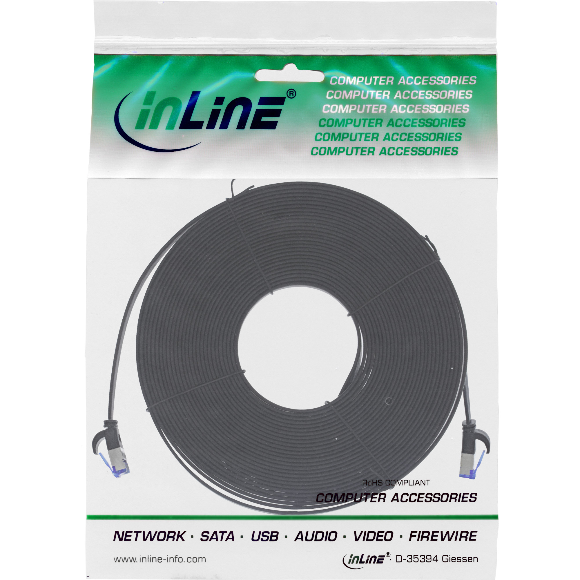 Inline® Patchkabel flach, U/FTP, Cat.6A, TPE halogenfrei, schwarz, 15m