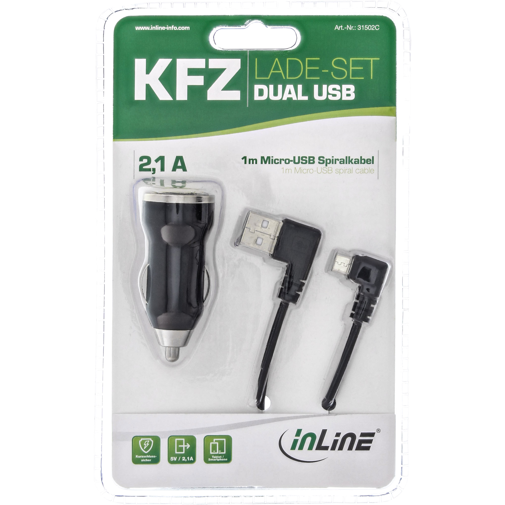 Inline® USB DUAL+ KFZ-Ladeset, Stromadapter 1m Kabel, 12/24VDC zu 5V DC/2.1A
