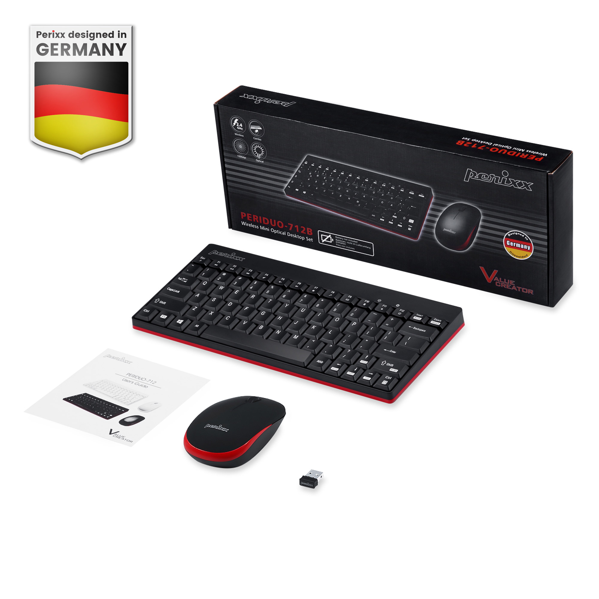 Perixx PERIDUO-712 DE , Mini Tastatur und Maus Set, schnurlos, schwarz