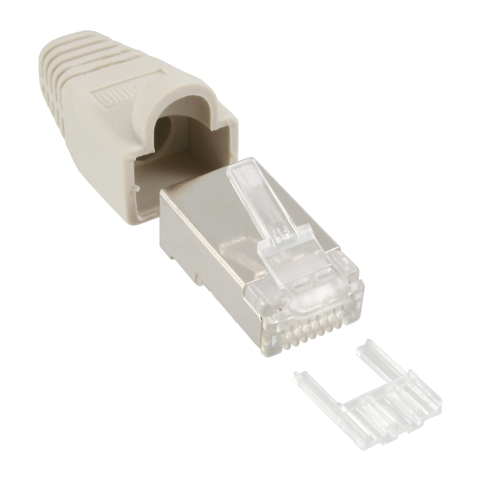 100er Pack Inline® Crimpst. RJ45 gesch., m. Knicksch. & Einfädelh., beige bulk