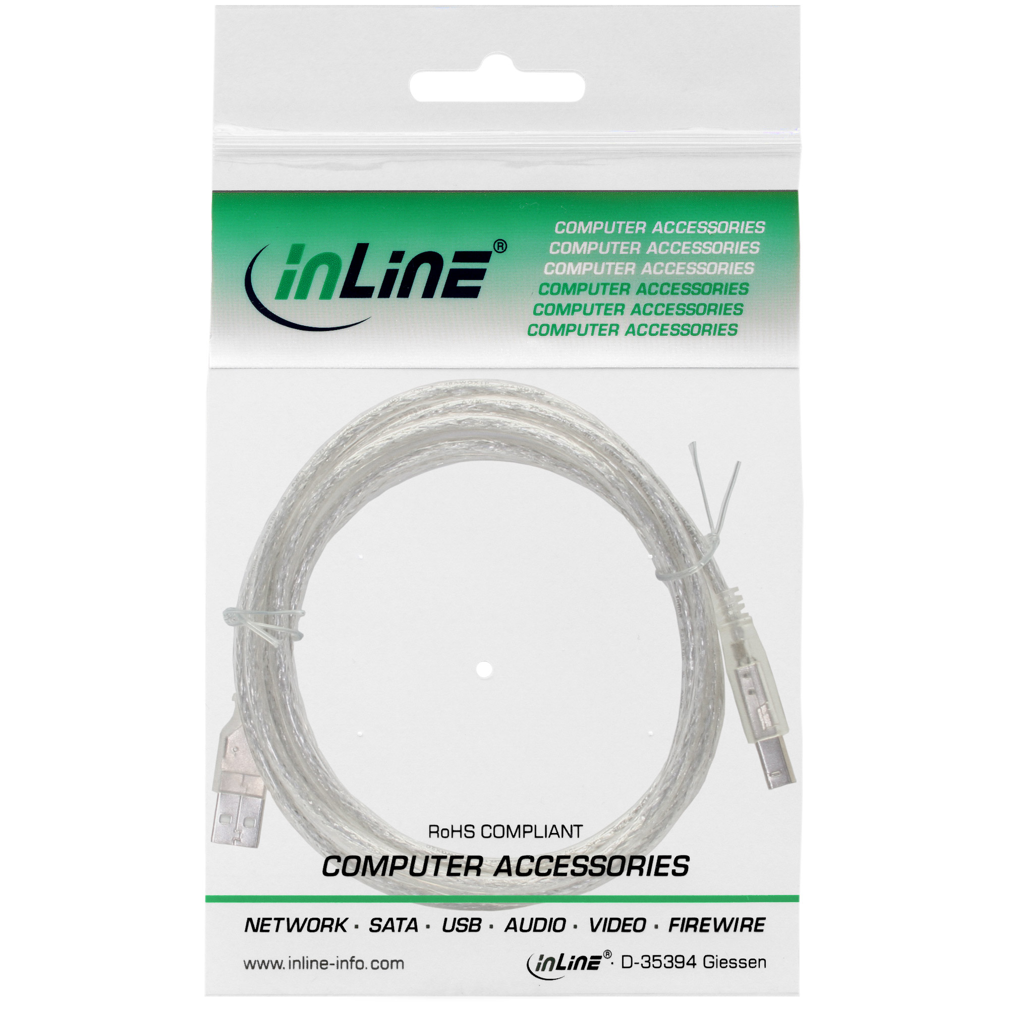 Inline® USB 2.0 Kabel, A an B, transparent, 0,5m