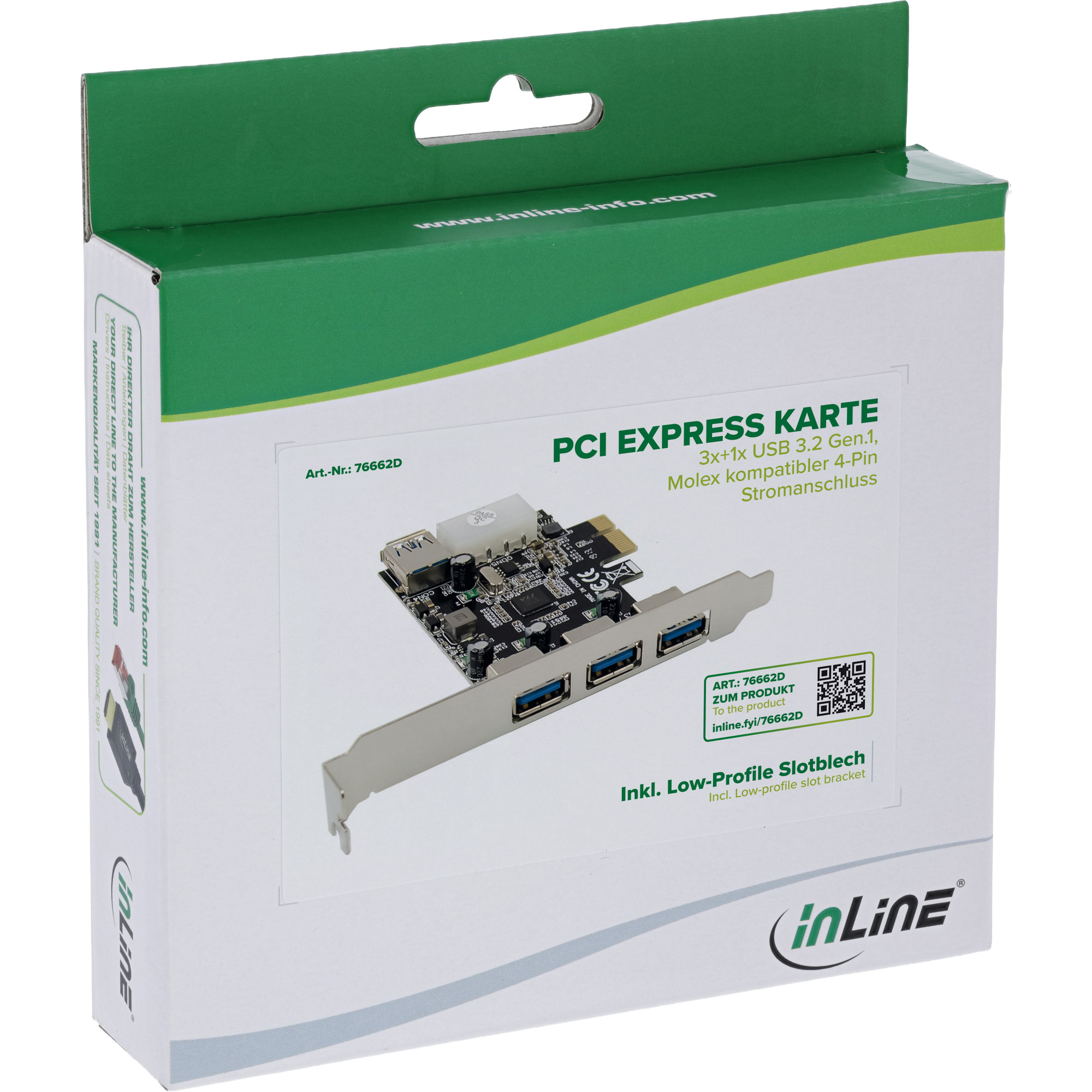 InLine® PCIe Karte, 3x+1x USB 3.2 Gen.1, Molex kompatibler 4-Pin Stromanschluss
