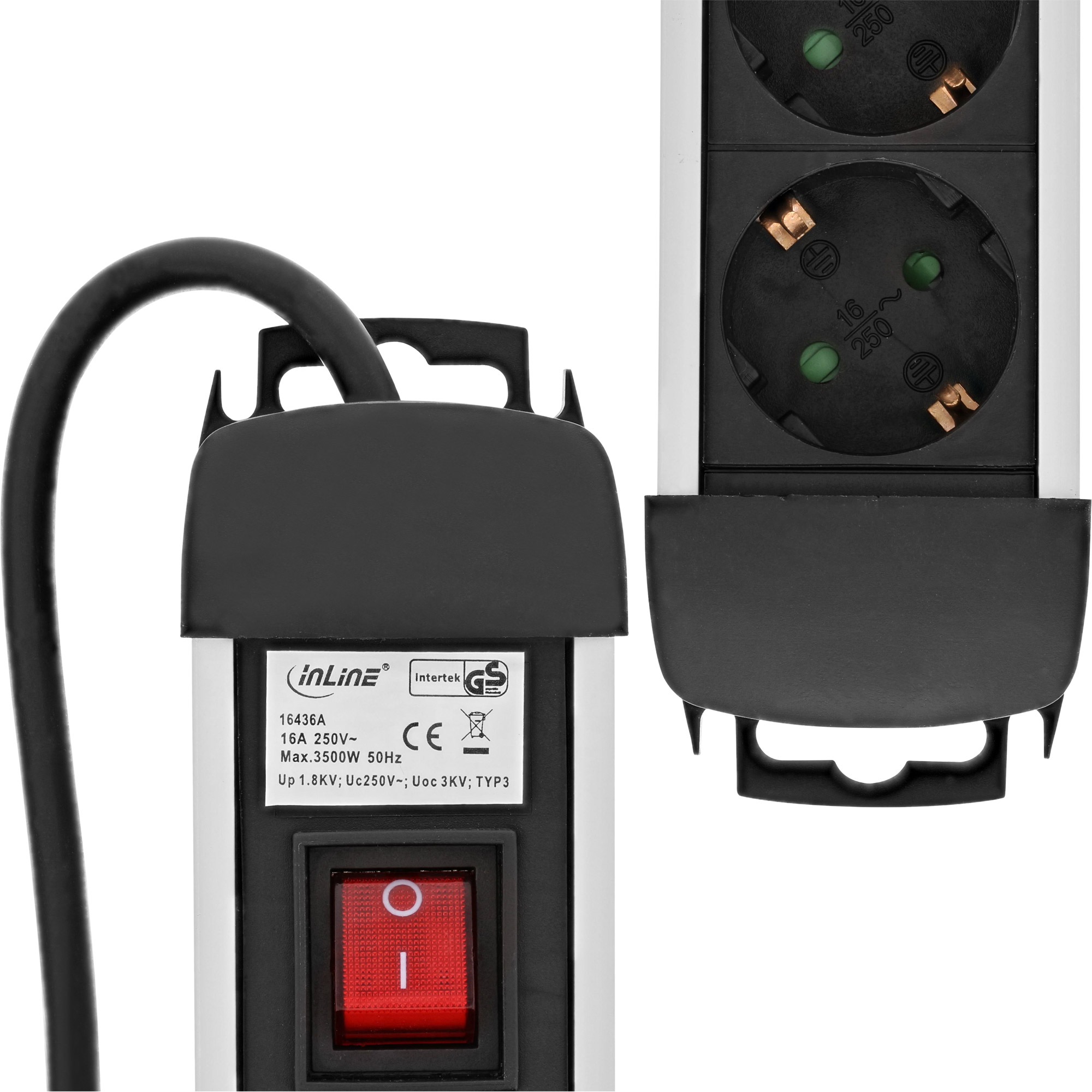 Inline® Steckdosenleiste Alu, 6-fach Schutzkontakt, mit Ü-Schutz, Schalter, 1,5m