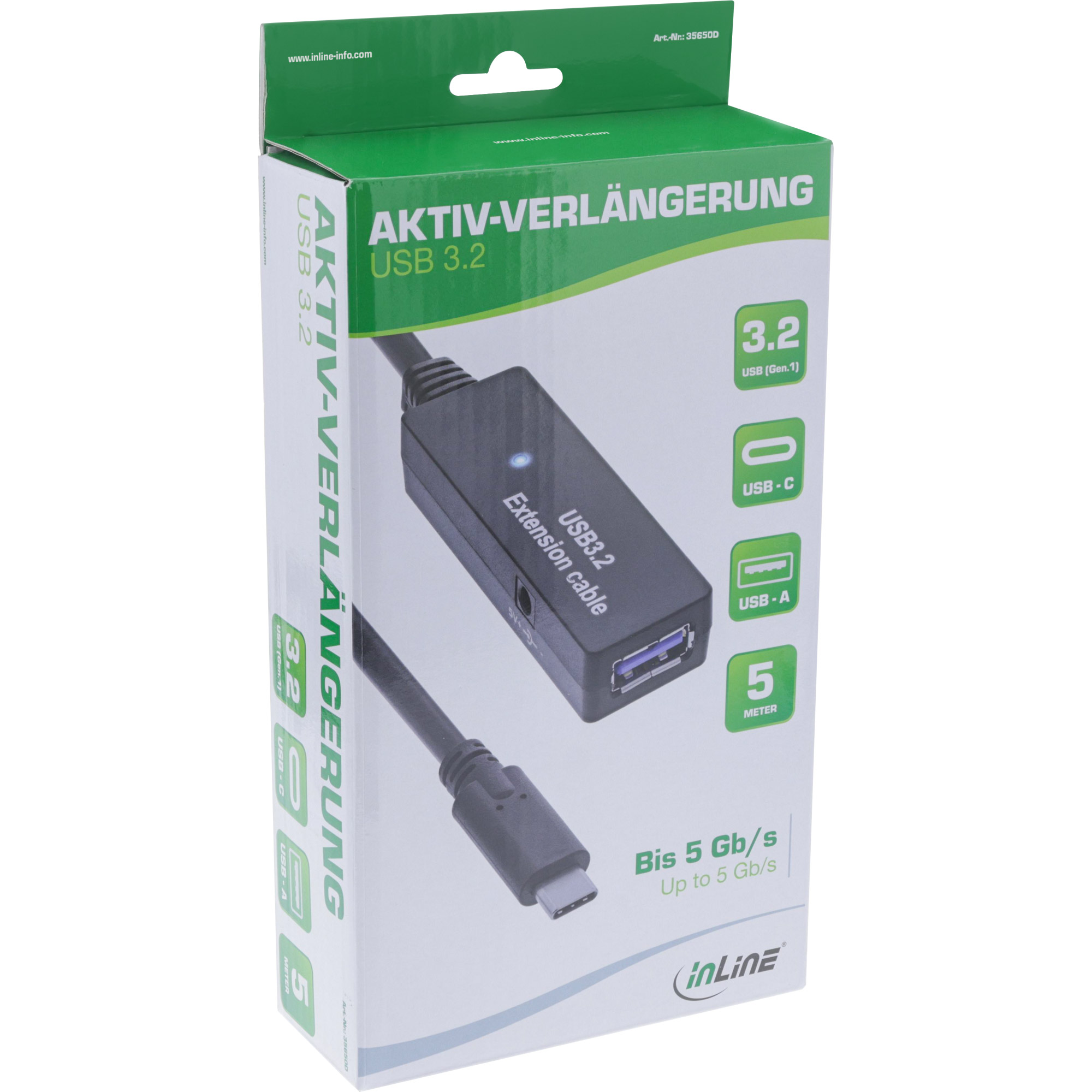 Inline® USB 3.2 Gen.1 Aktiv-VerLängerung, USB-C Stecker an USB-A Buchse, 5m