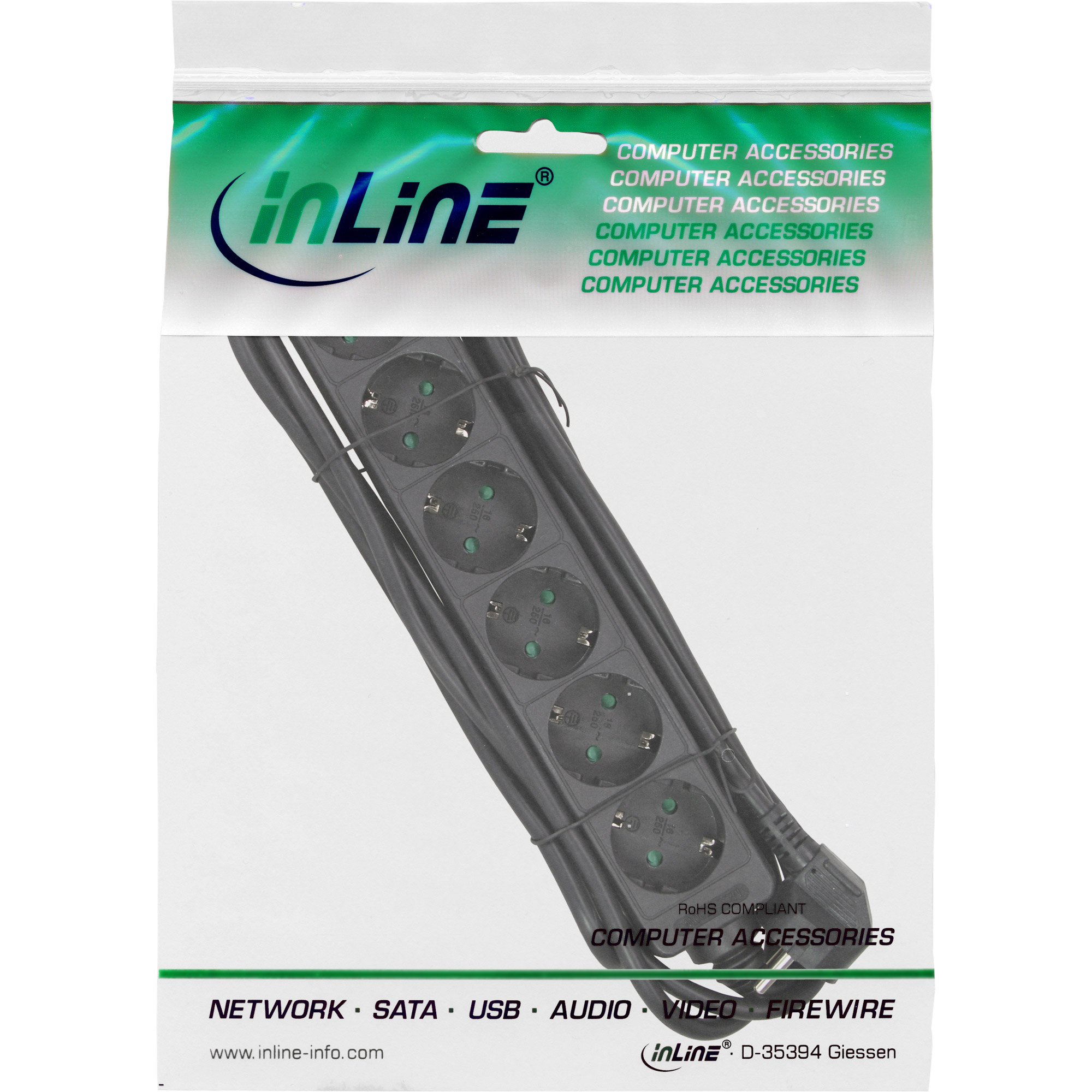 Inline® Steckdosenleiste, 6-fach Schutzkontakt, schwarz, 5m