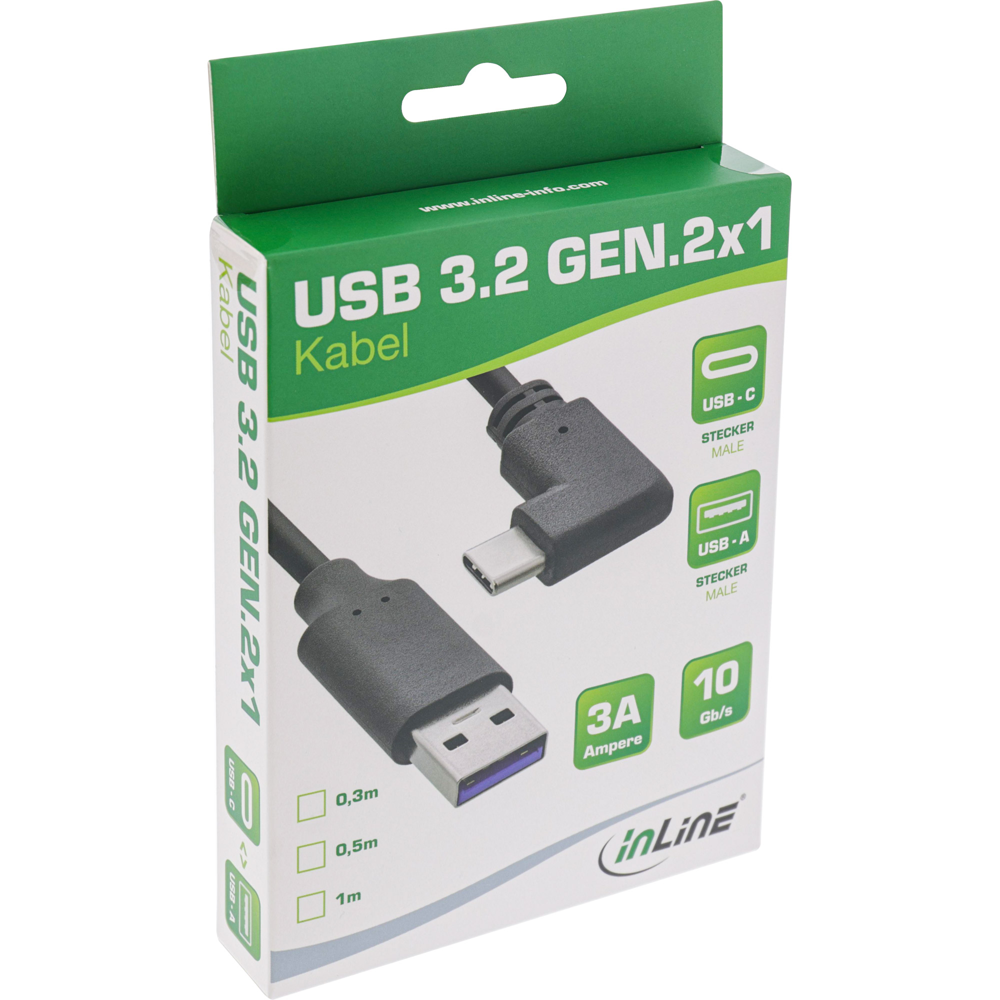 Inline® USB 3.2 Kabel, USB-C Stecker gewinkelt an A Stecker, schwarz, 1m