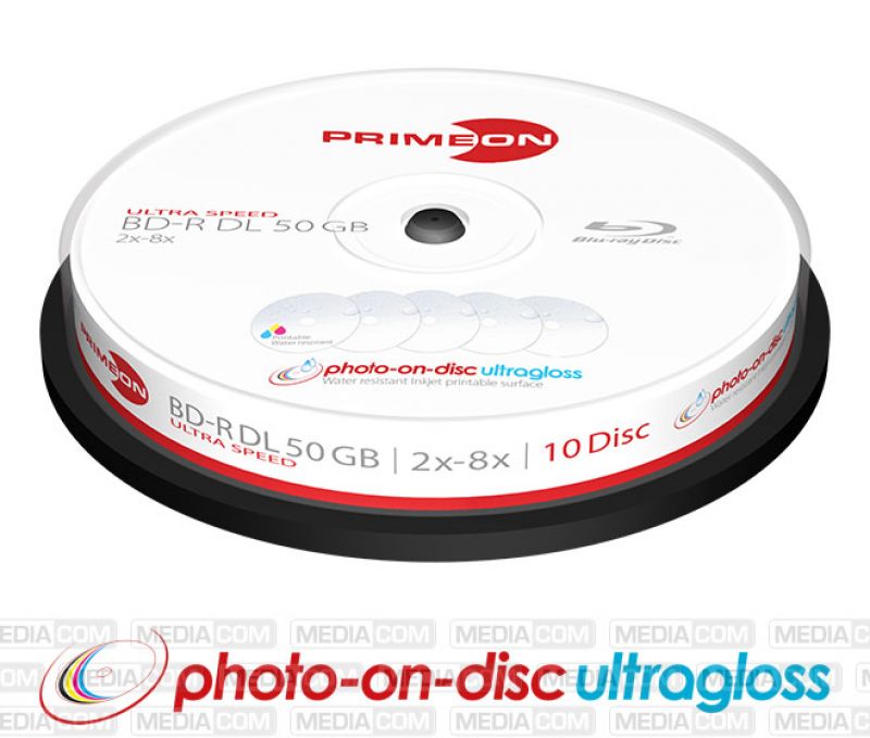 PRIMEON - BD-R 25GB/2-10x, Ultra Speed, Cakebox (10 Disc) - photo-on-disc ultragloss, Water resistant, Inkjet Full Size Printable Surface