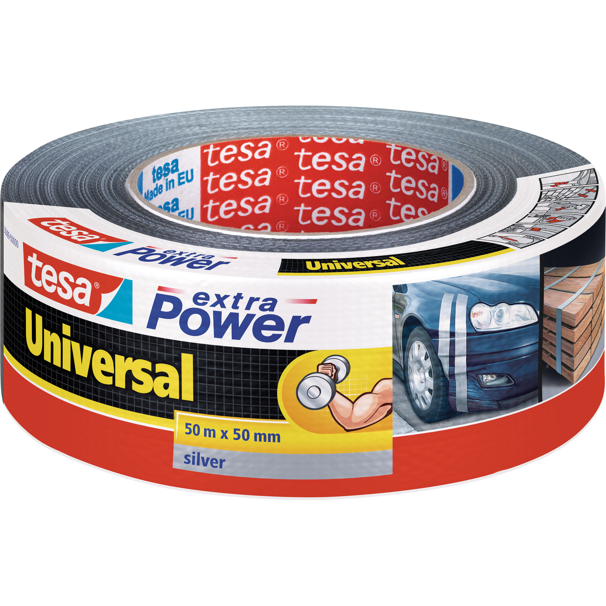 tesa extra power universal, 50m x 50mm, gewebeverstürktes Folienband, silber
