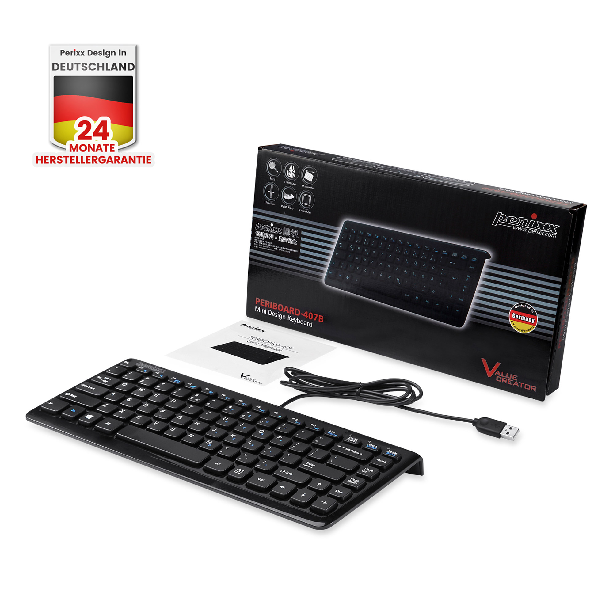 Perixx PERIBOARD-407 DE B, Mini USB-Tastatur, schwarz