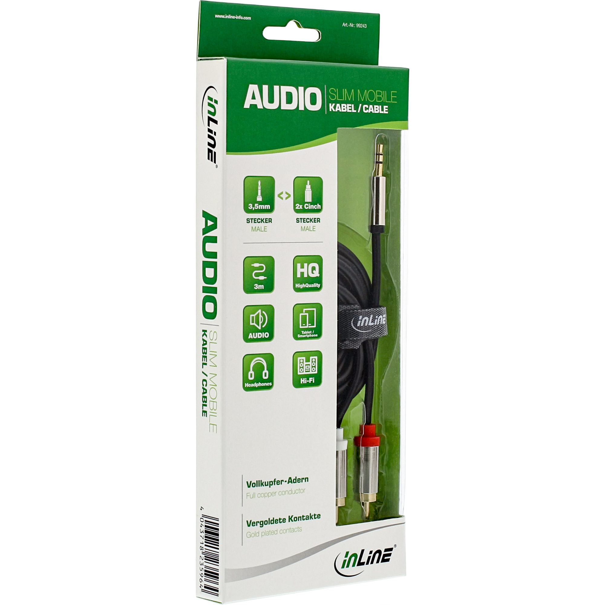 10m - Inline® Slim Audio Kabel Klinke 3,5mm Stecker an 2x Cinch Stecker 10m - Inline® Slim Audio Kabel Klinke 3,5mm Stecker an 2x Cinch Stecker