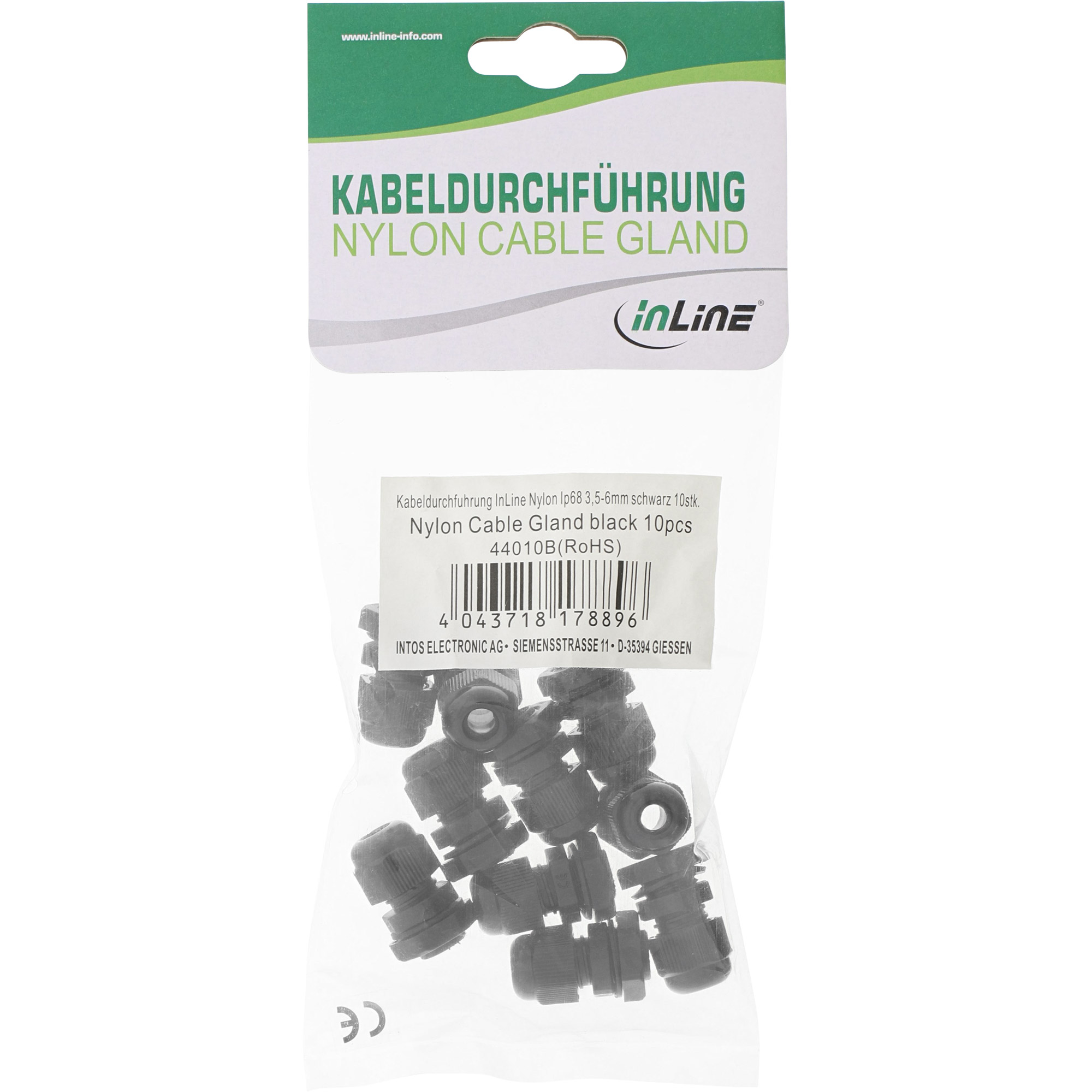 Inline® Kabeldurchführung PG 7 Nylon IP68 3,5-6mm, schwarz, 10 Stück