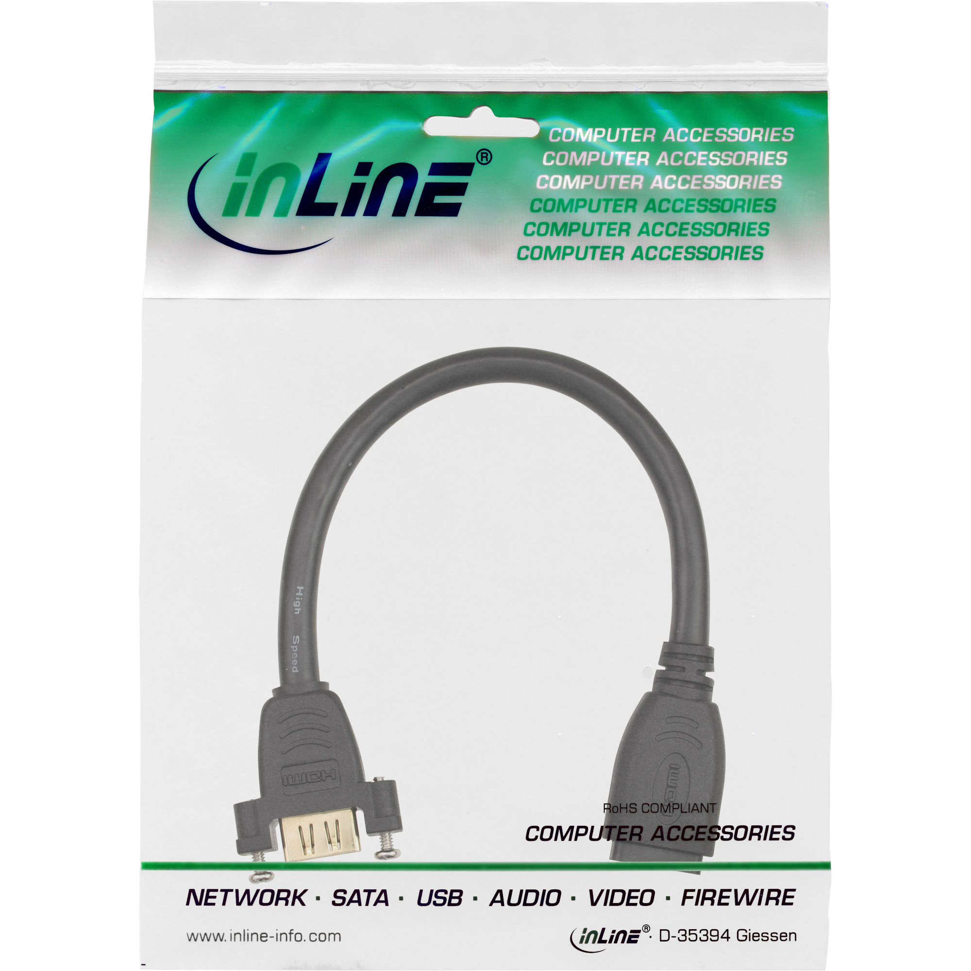 Inline® HDMI Adapterkabel zum Einbau, HDMI A Buchse/Buchse, vergoldete Kontakte