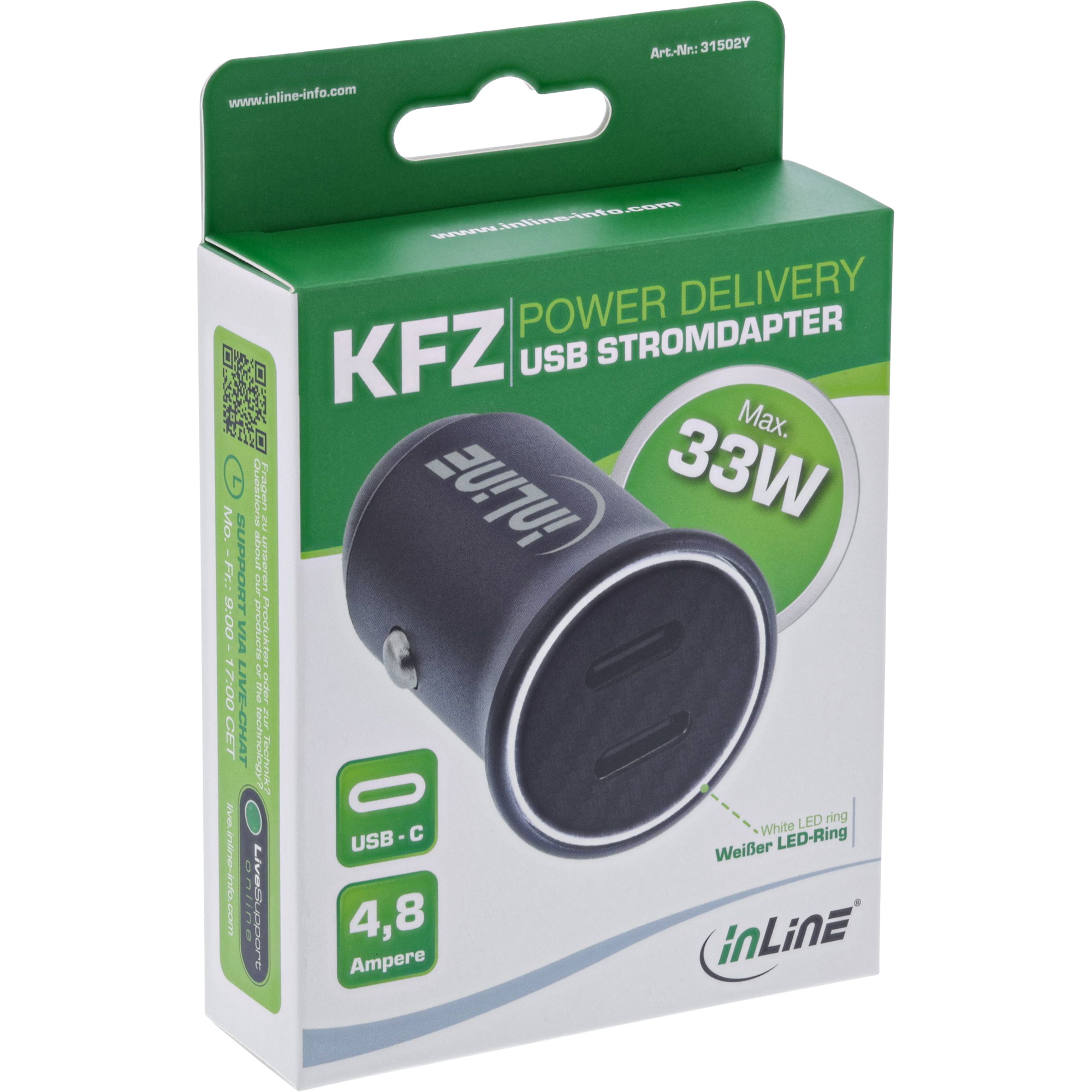 Inline® USB KFZ Stromadapter Power Delivery, 2x USB-C, schwarz
