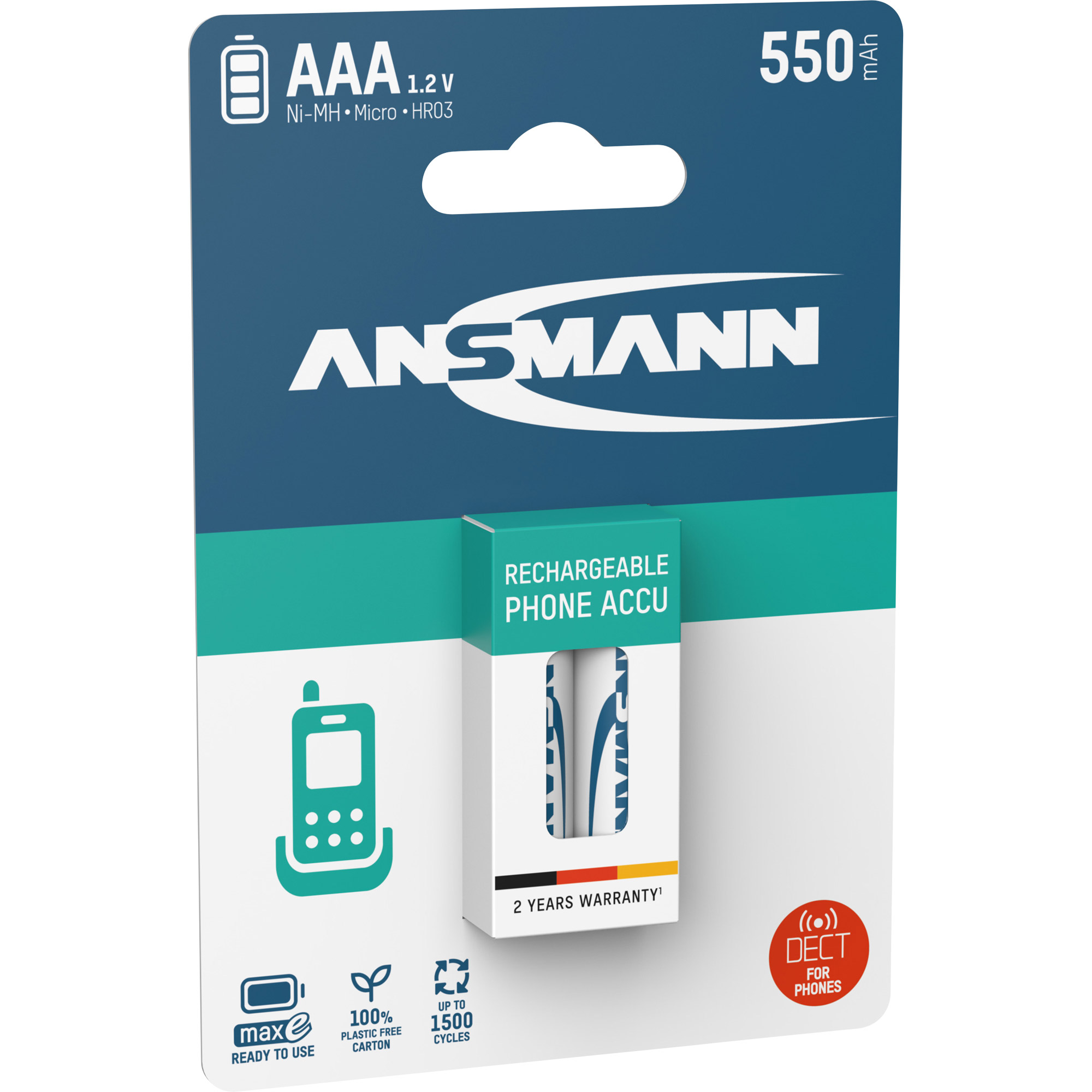 2x Ansmann NiMH AAA Micro 550mAh HR03 Akku für DECT Telefon