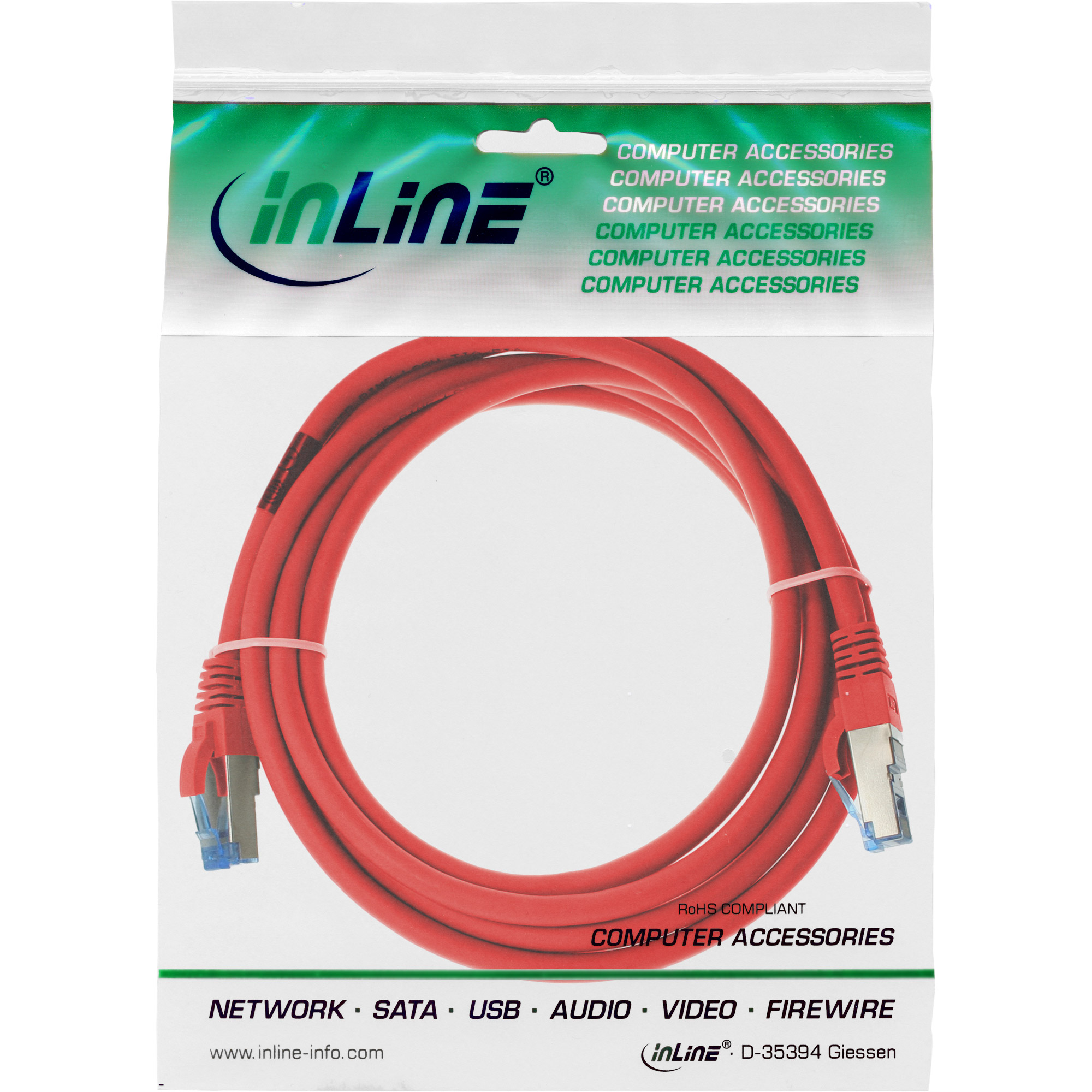 Inline® Patchkabel, S/FTP (PiMf), Cat.6A, halogenfrei, rot, 3m