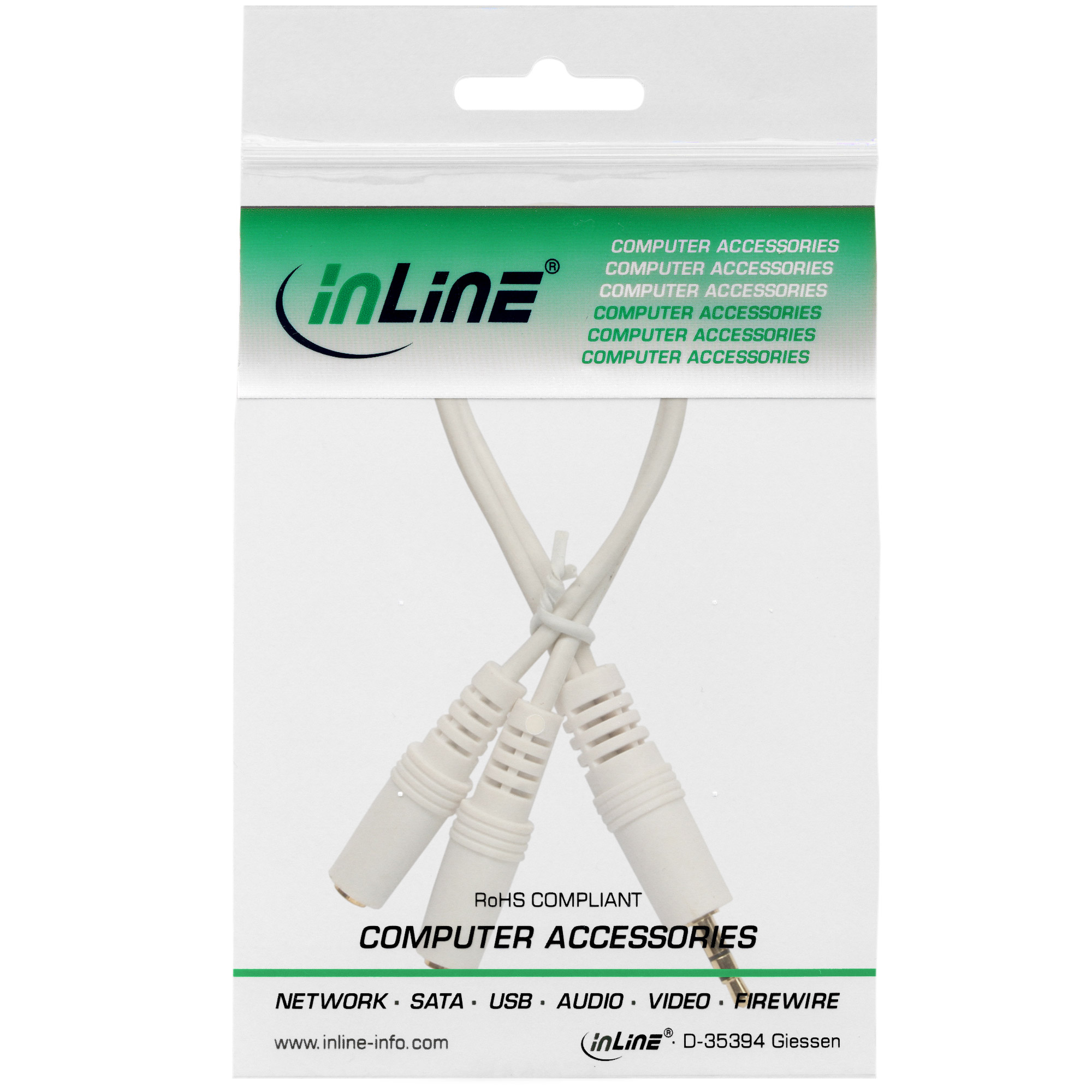 0.1m - Inline® Klinken Y-Kabel, 3,5mm ST an 2x 3,5mm BU, Stereo, weiß/vergoldet