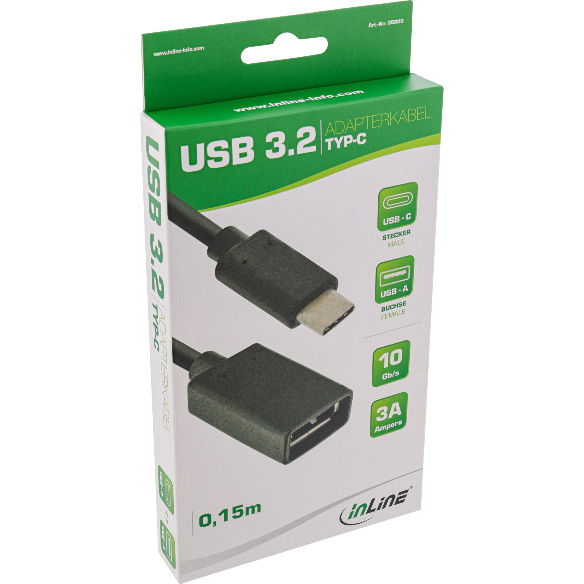 Inline® USB 3.2 Gen.1x2 Adapterkabel, USB-C Stecker an A Buchse, 0,15m Inline® USB 3.2 Gen.1x2 Adapterkabel, USB-C Stecker an A Buchse, 0,15m