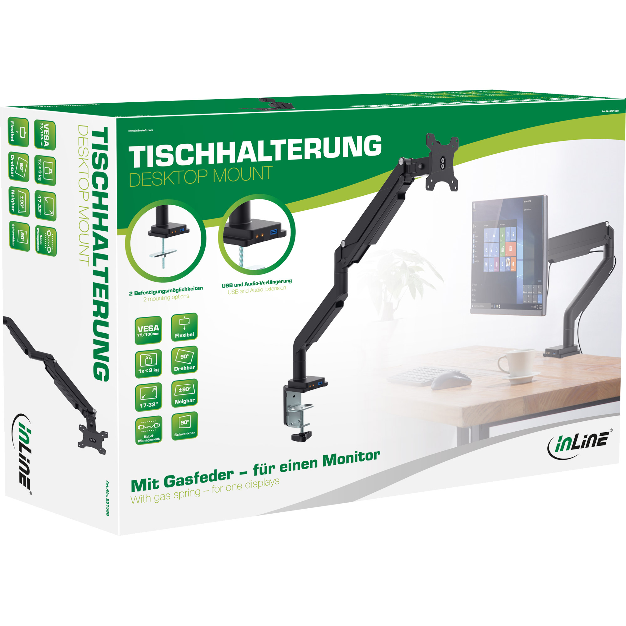 Inline® Tischhalterung mit Lifter und USB/Audio bis max. 82cm 32" 9kg