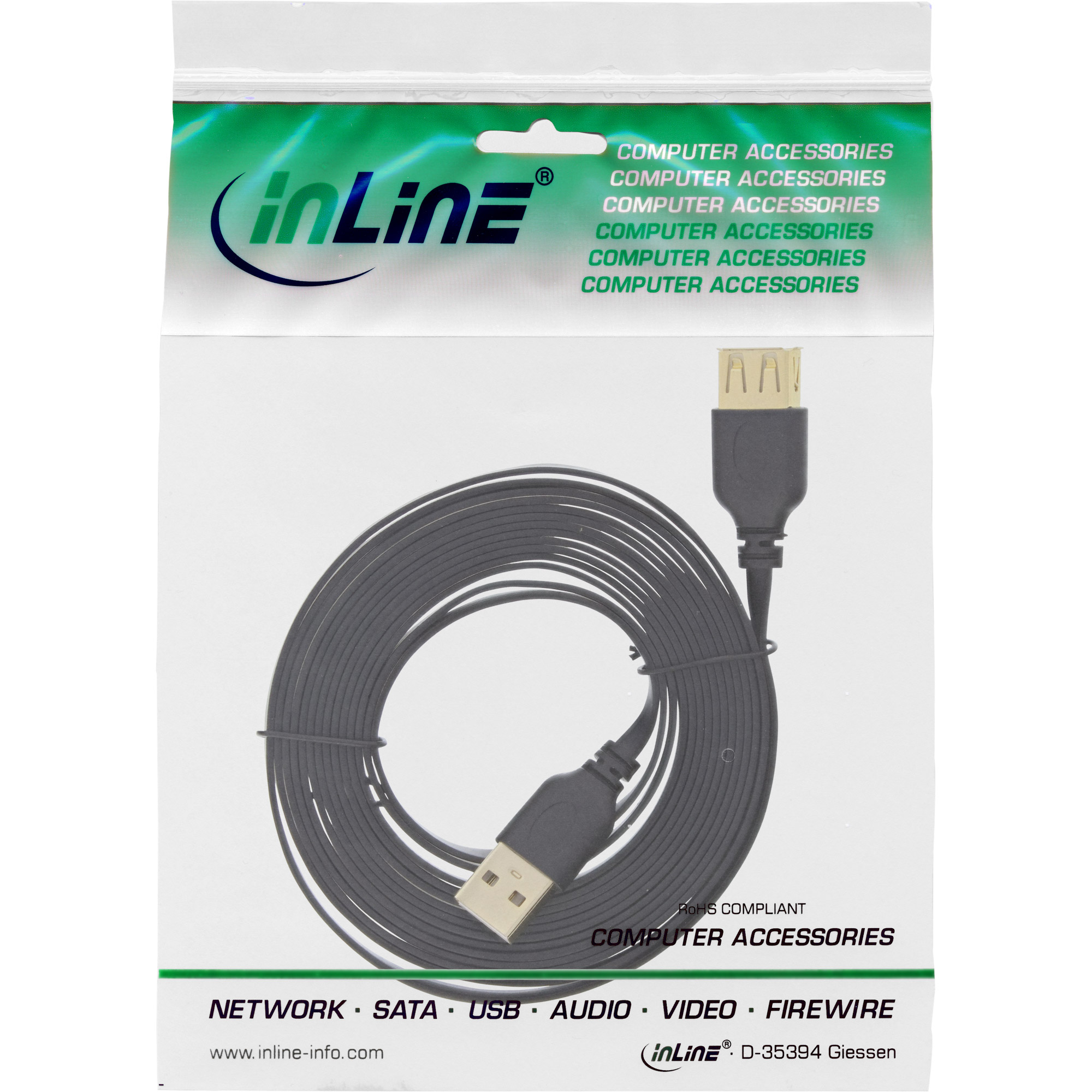Inline® USB 2.0 Flachkabel VerLängerung, A ST / BU, schwarz, Kontakte gold, 2m