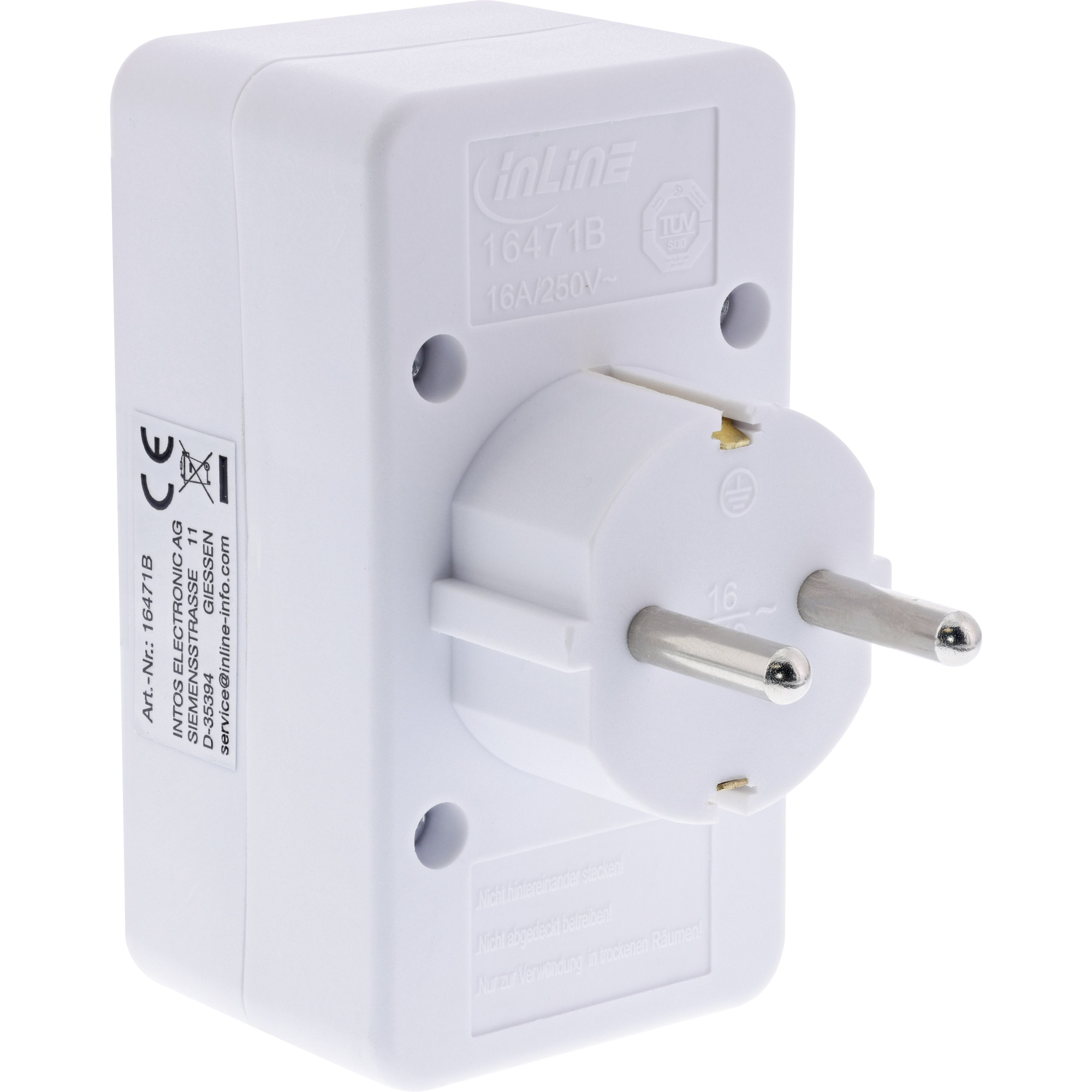 InLine® Steckdosenadapter, Schutzkontakt Stecker an 2x Euro + 1x SK, weiß