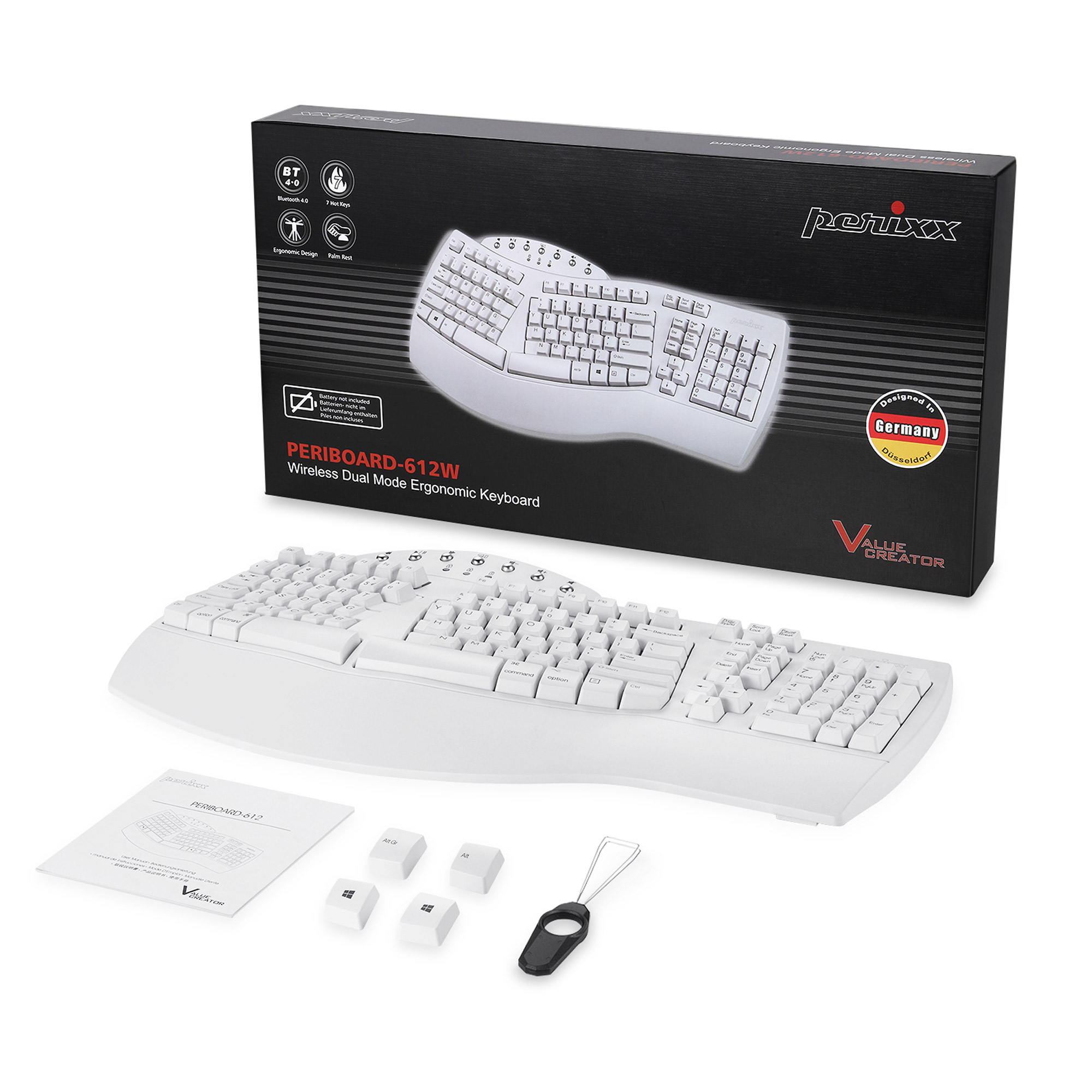 Perixx PERIBOARD-612W DE, ergonomische Tastatur, Dualmodus, Funk/Bluetooth weiß