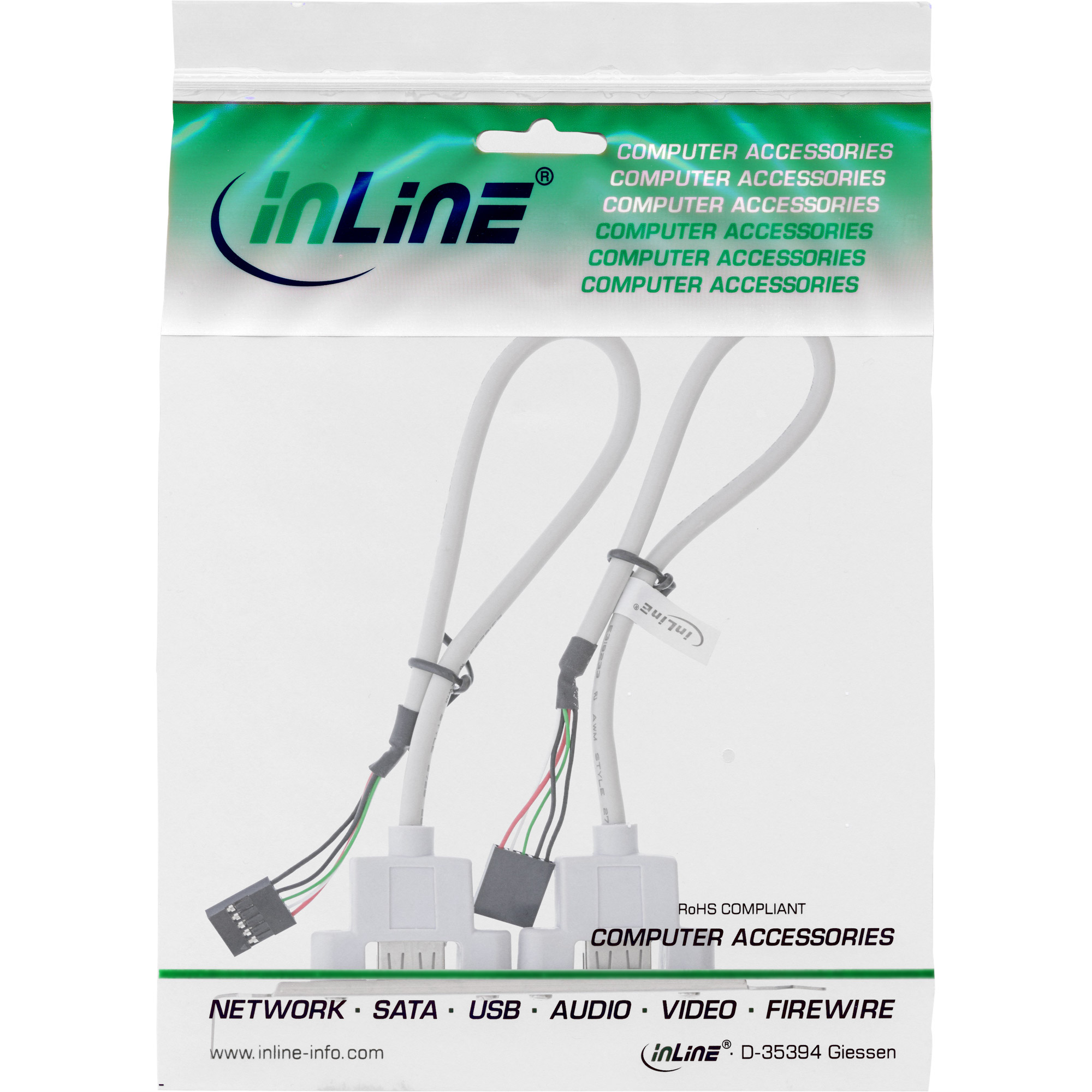 Inline® Slotblech USB 2.0, 2x USB Buchse auf 2x 5pol Pfostenverbinder, 0,3m