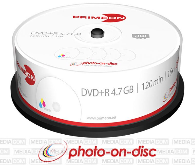 PRIMEON - DVD+R 4.7GB/120Min/16x Cakebox (25 Disc) - photo-on-disc, Inkjet Full Size Printable Surface