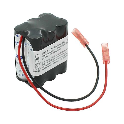 Notleuchtenakku NiMH 7,2V 1100mAh F2x3 Mignon AA mit 150mm Kabel und 2,8mm Fastonbuchsen Notleuchtenakku NiMH 7,2V 1100mAh F2x3 Mignon AA mit 150mm Kabel und 2,8mm Fastonbuchsen