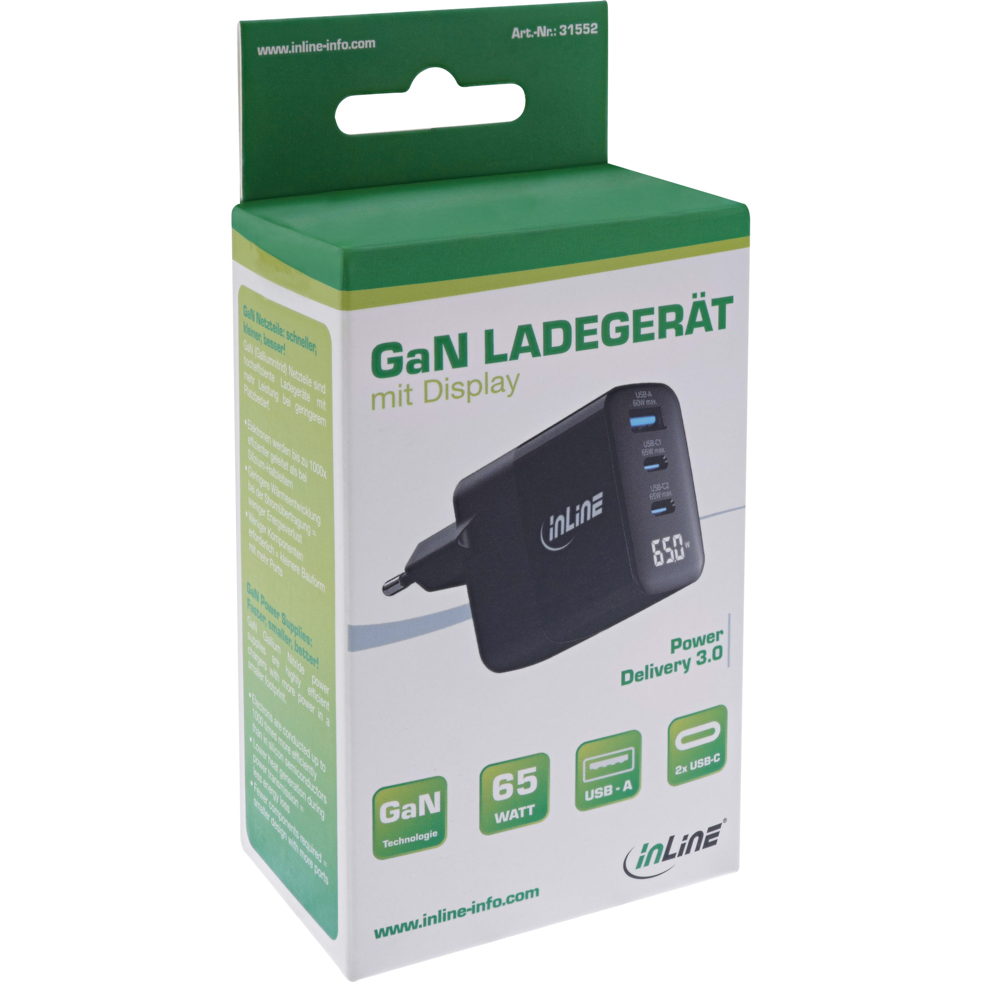 InLine® USB PD Netzteil, GaN Ladegerät, 3-Port, USB-C + USB-A, 65W, mit Display InLine® USB PD Netzteil, GaN Ladegerät, 3-Port, USB-C + USB-A, 65W, mit Display