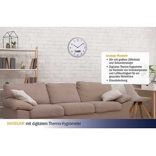 Wanduhr mit digitalem Thermometer und Hygrometer 60.3048.02