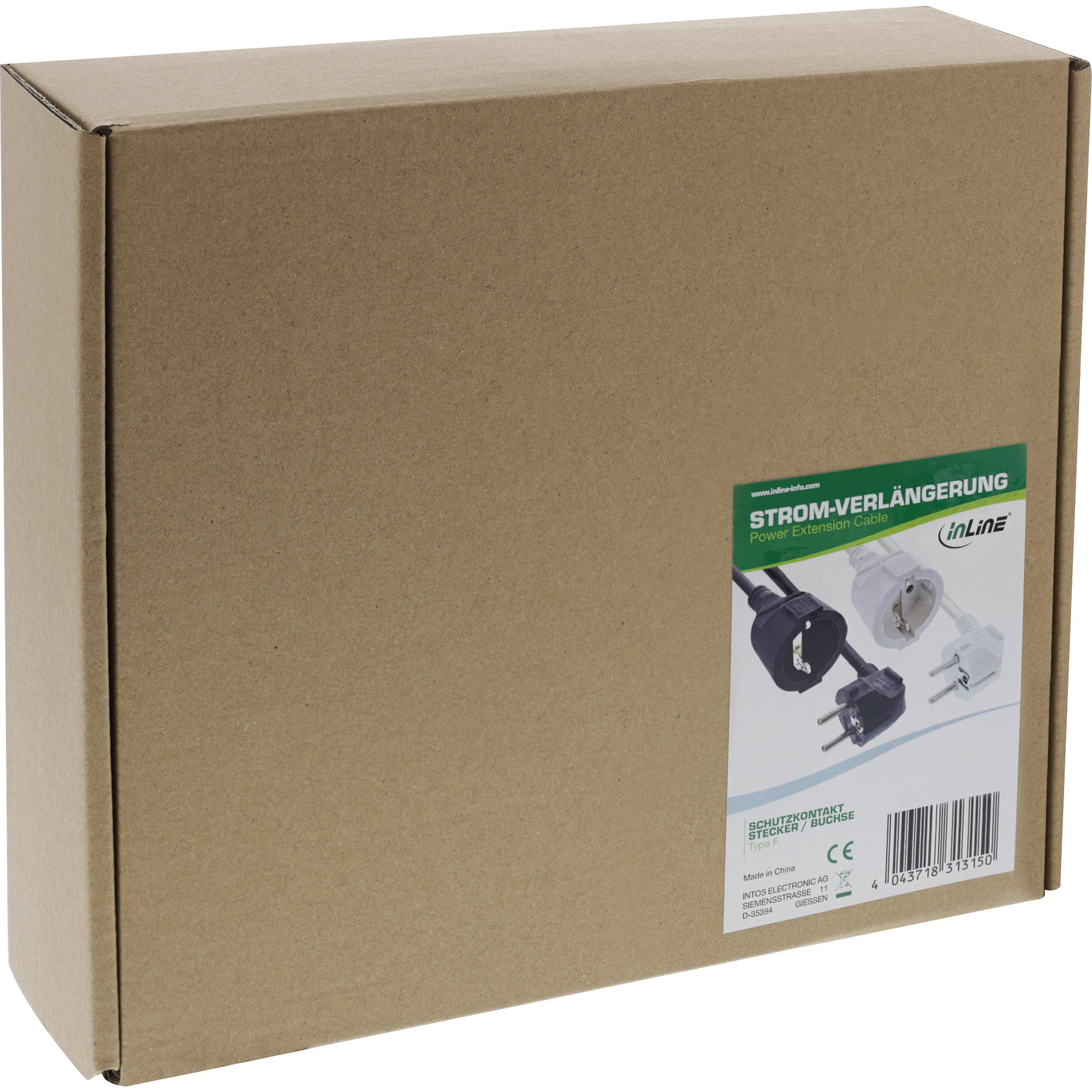 Inline® Strom-Verlängerung Schutzkontakt Stecker gewinkelt/Buchse, schwarz, 20m
