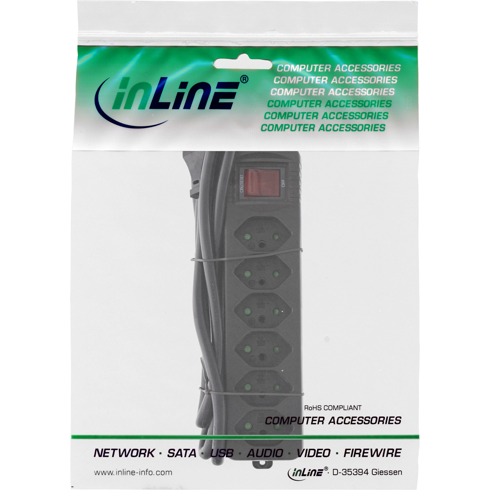 Inline® Steckdosenleiste SCHWEIZ, 6-fach, mit Schalter, 1,5m, schwarz