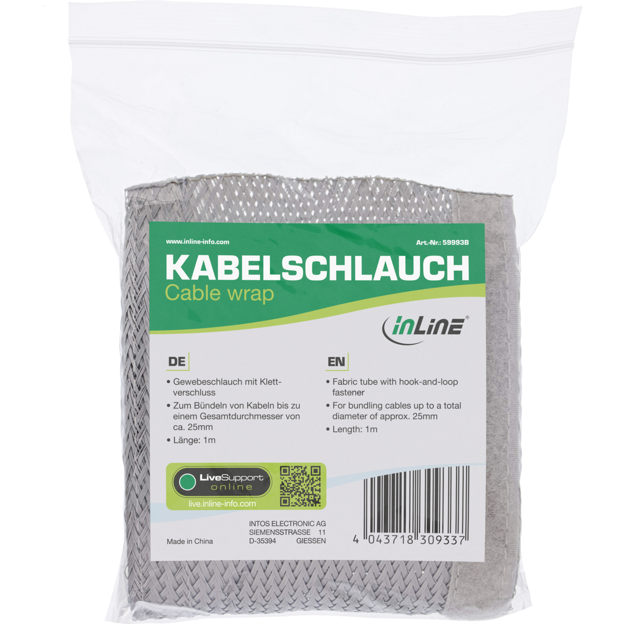 Inline® Kabelschlauch, Gewebeschlauch mit Klettverschluss, 1m x 25mm grau
