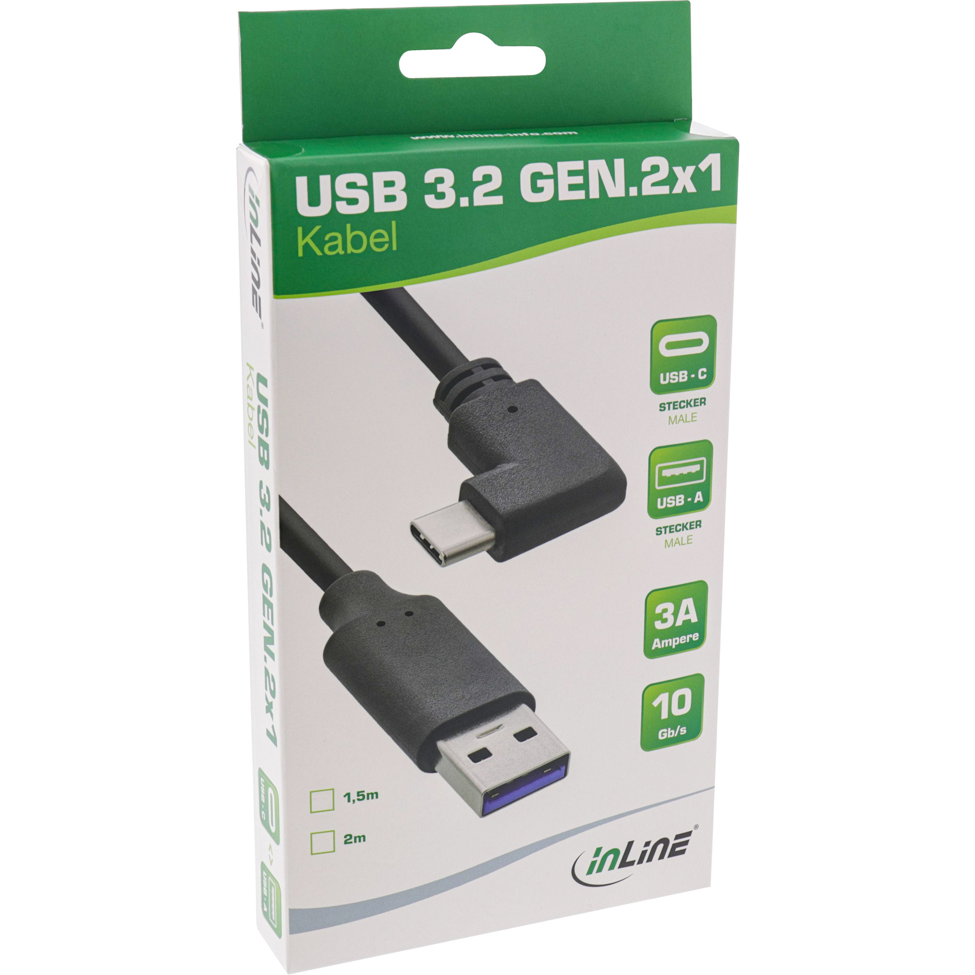 Inline® USB 3.2 Kabel, USB-C Stecker gewinkelt an A Stecker, schwarz, 2m