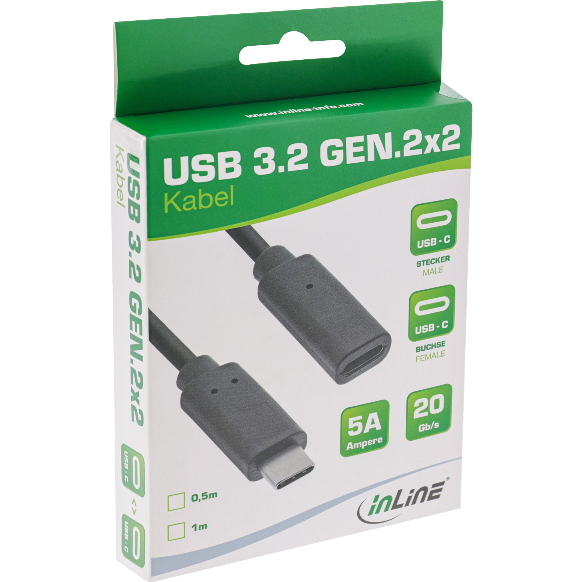 Inline® USB 3.2 Gen.2x2 Kabel, USB-C VerLängerung ST/BU, schwarz, 0,5m Inline® USB 3.2 Gen.2x2 Kabel, USB-C VerLängerung ST/BU, schwarz, 0,5m