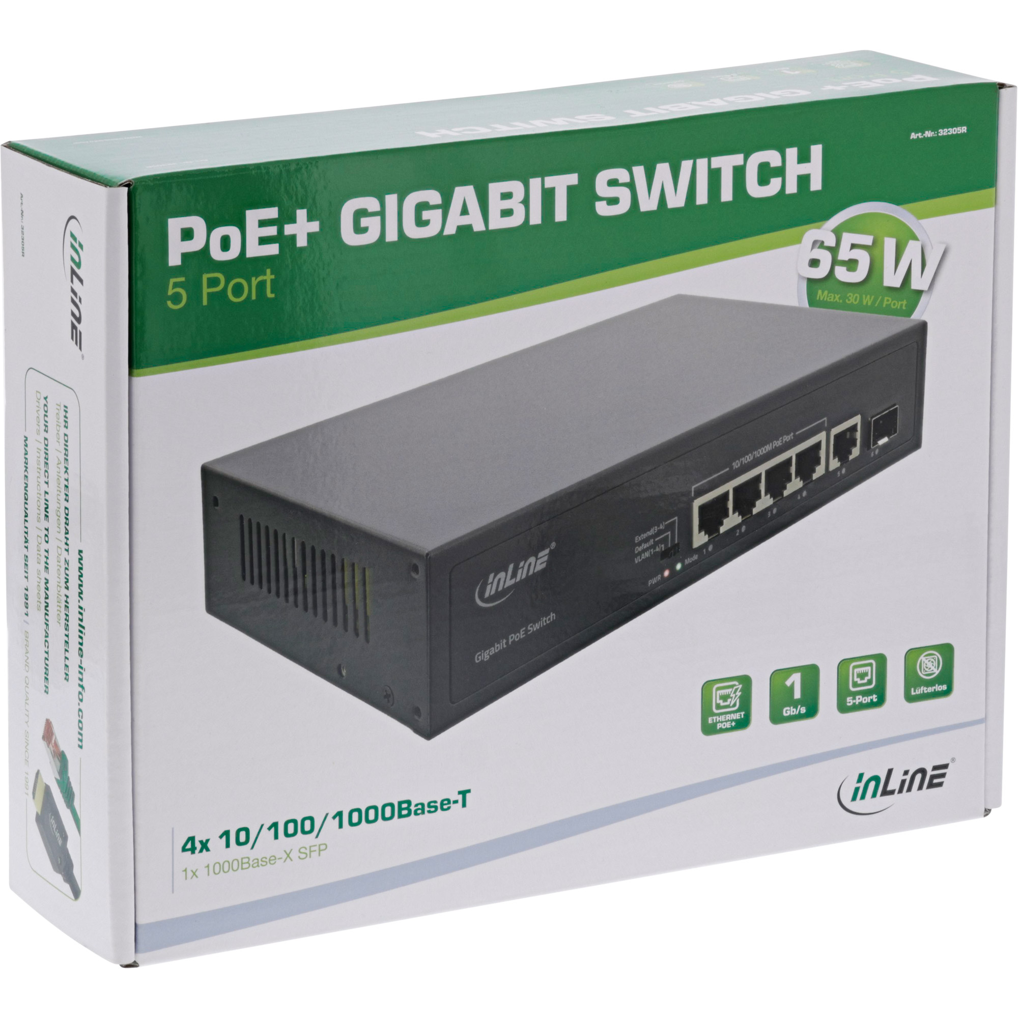 Inline® PoE+ Gigabit Netzwerk Switch 5 Port (4x PoE+), 1xSFP, 1Gb/s, Desktop