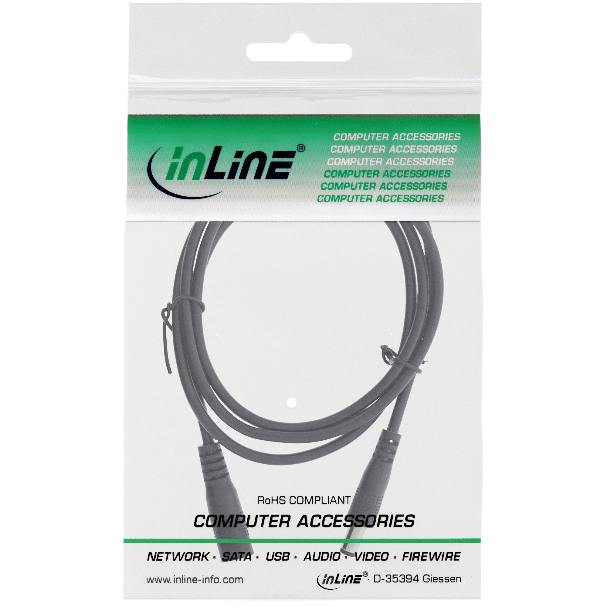 Inline® DC VerLängerungskabel, DC Stecker/Buchse 5,5x2,1mm, AWG 18, schwarz, 2m
